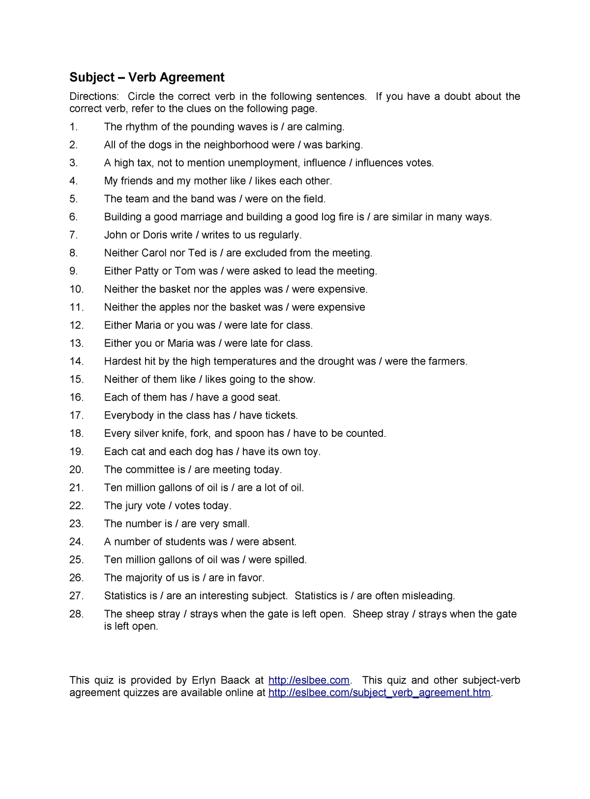 Subject And Verb Agreement Exercise 2 Subject Verb Agreement 