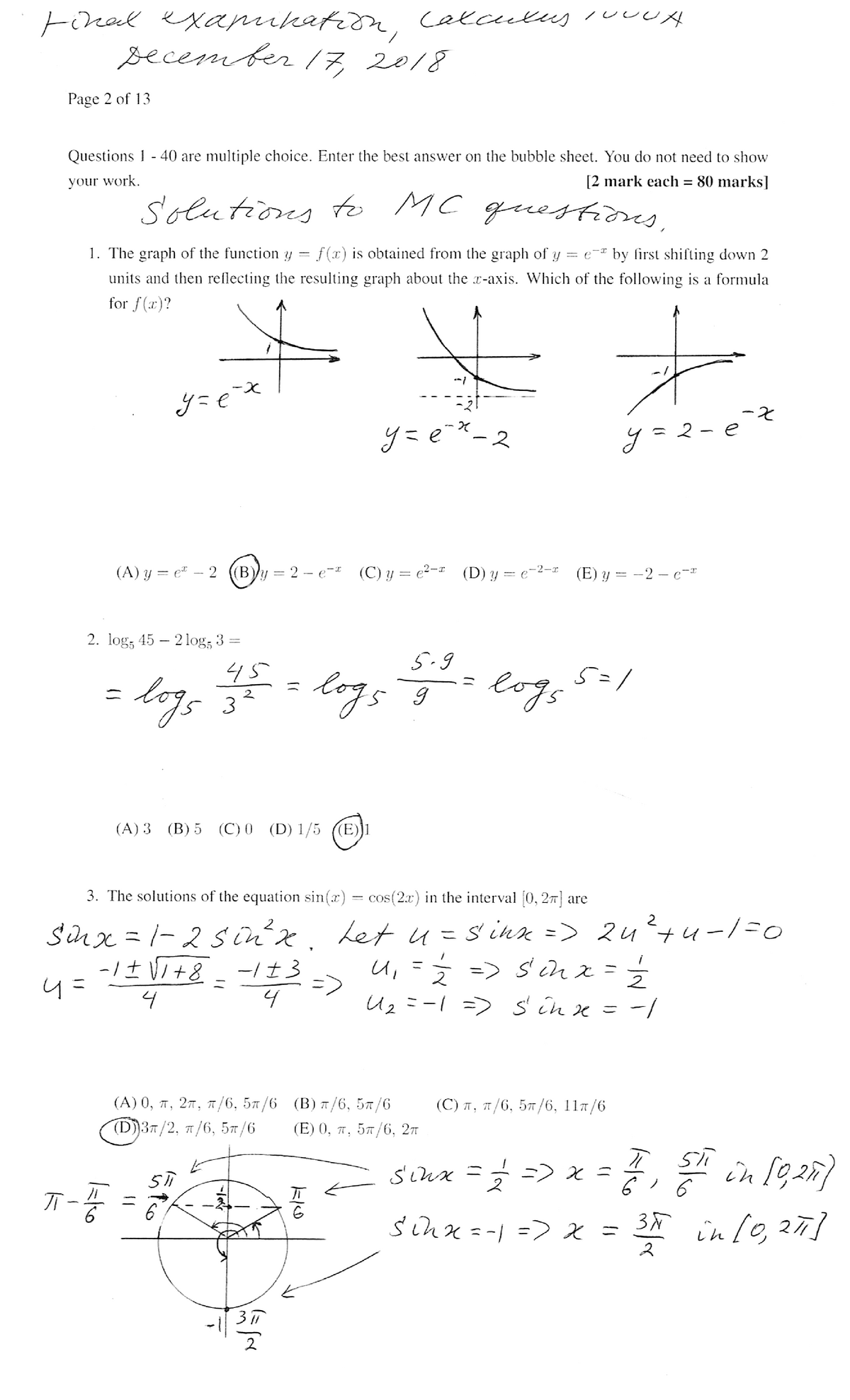 Final 2018, Answers - Calculus 1000A/B - Studocu