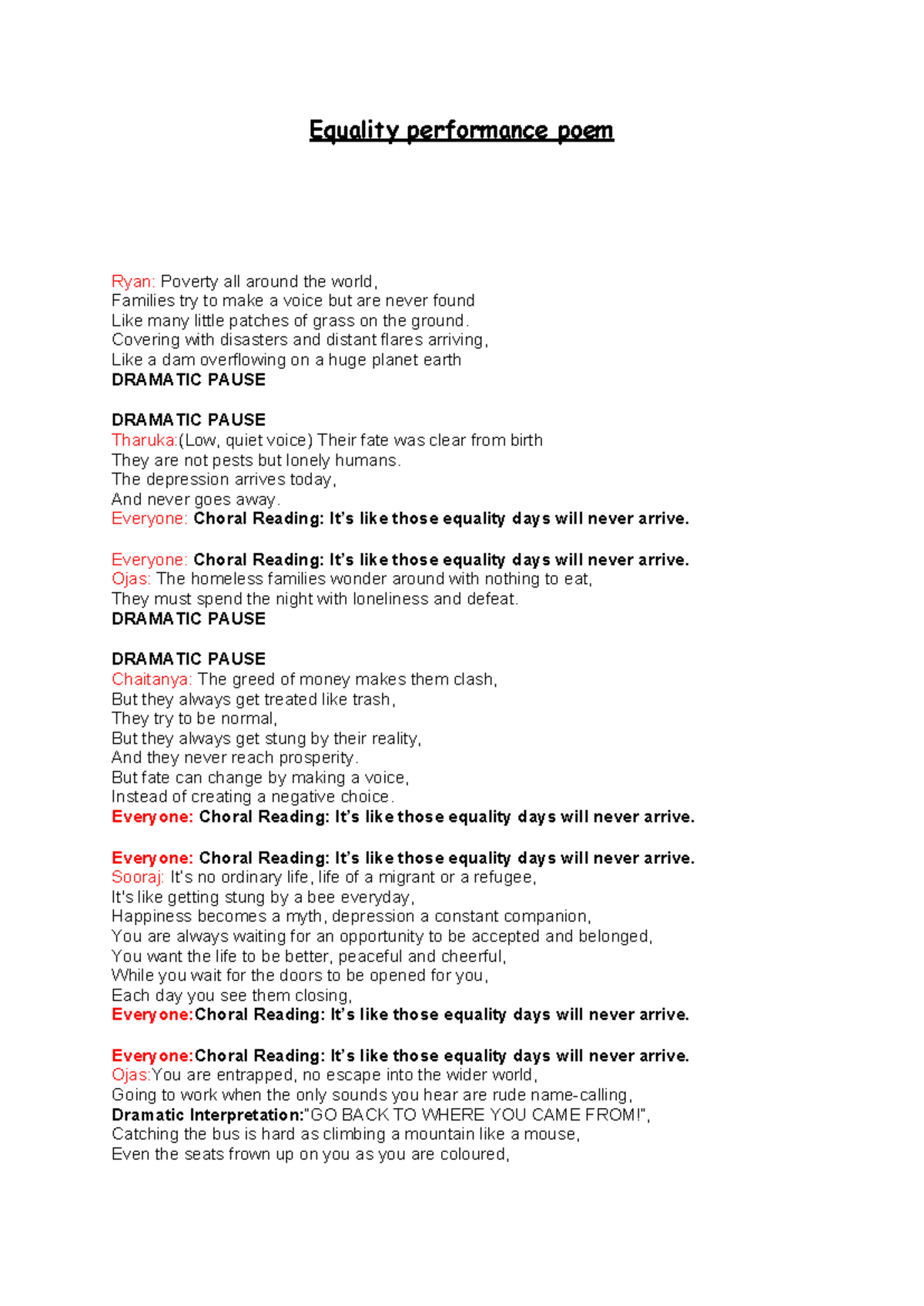Equality performance poem - Equality performance poem Ryan: Poverty all ...