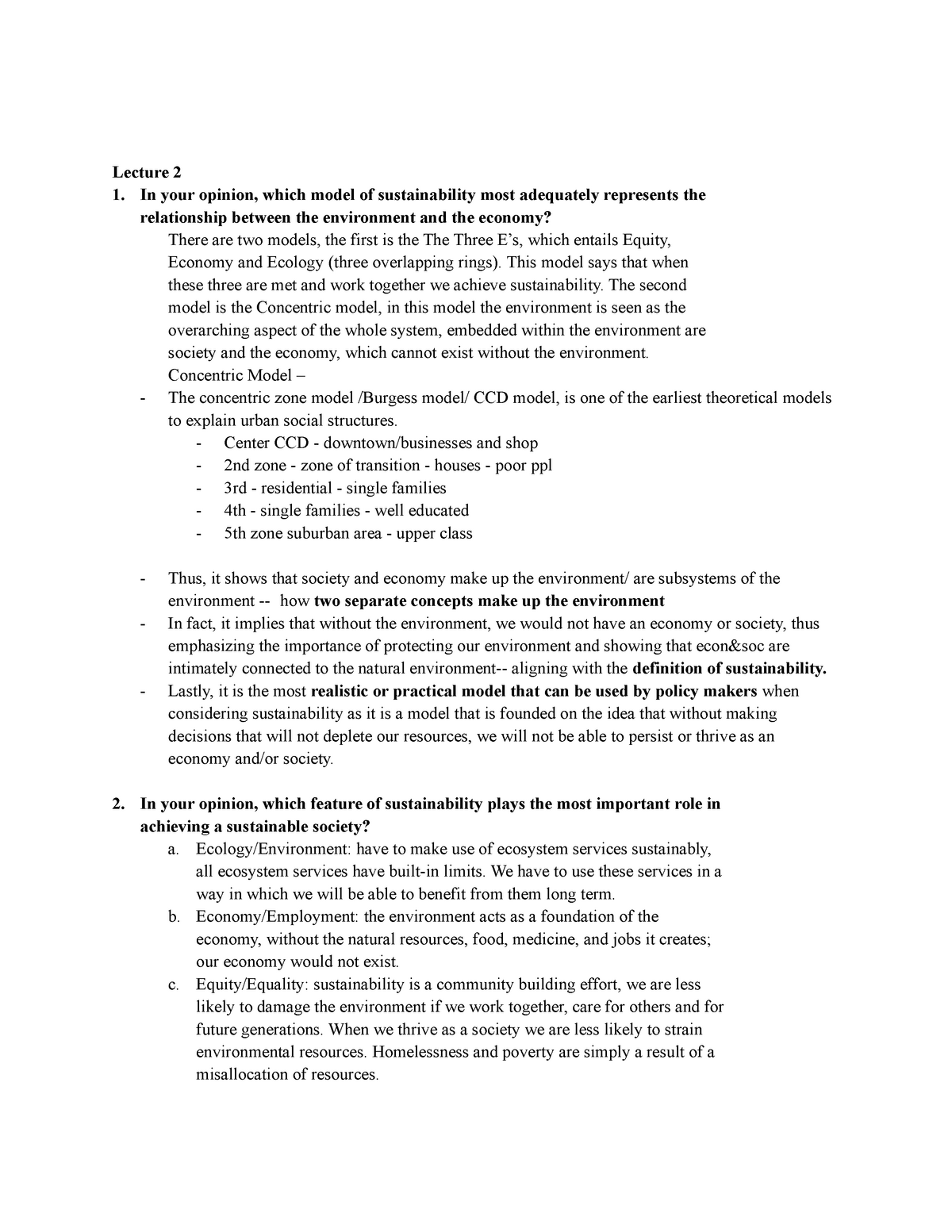 Geo Questions Summary Sustainability And The Economy Lecture 2 In 