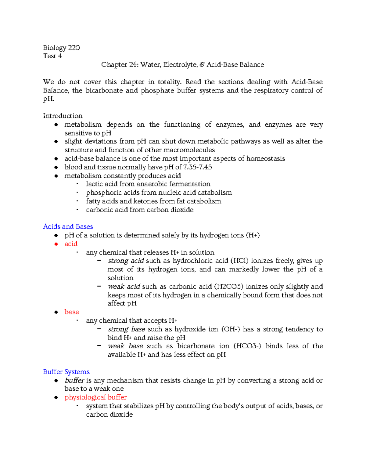 notes for chapter 24 - Biology 220 Test 4 Chapter 24: Water ...