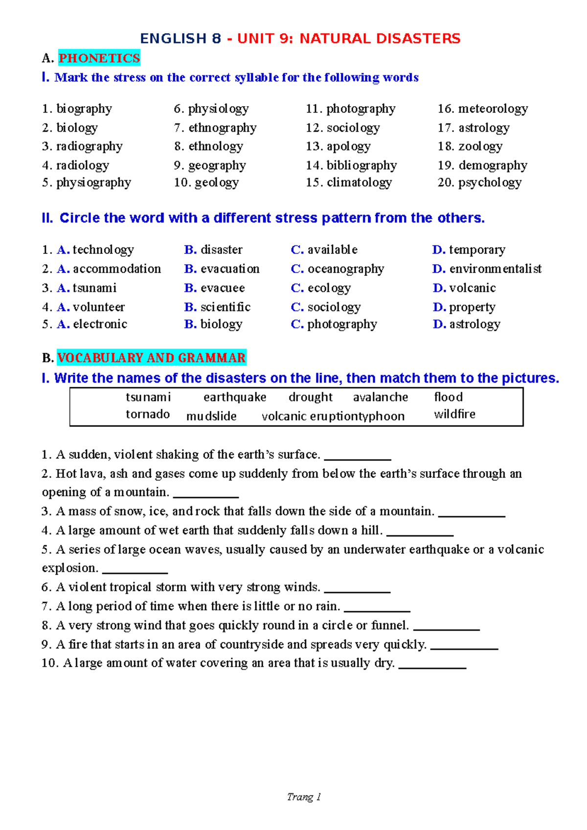 Unit 9-Lớp 8 English - Trang 1 tsunami tornado earthquake drought ...