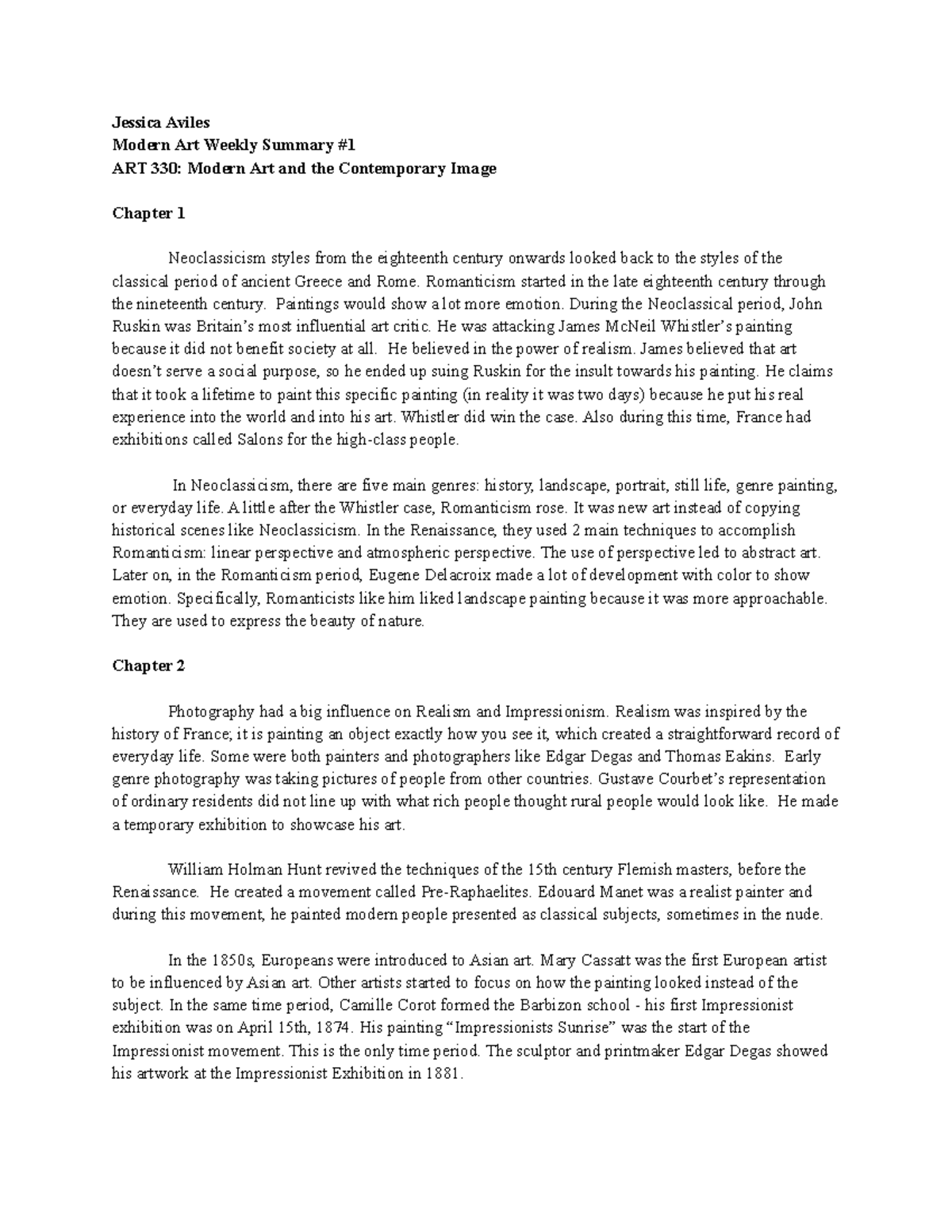 MA Weekly Summary 1 History of Modern Art Jessica Aviles Modern