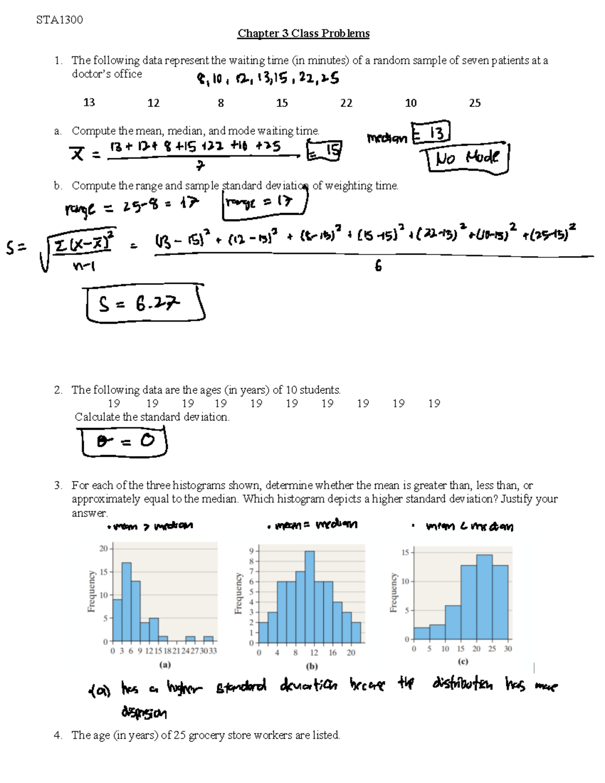 Ch 3 Hw Problems - Chapter 3 Class Problems The following data ...