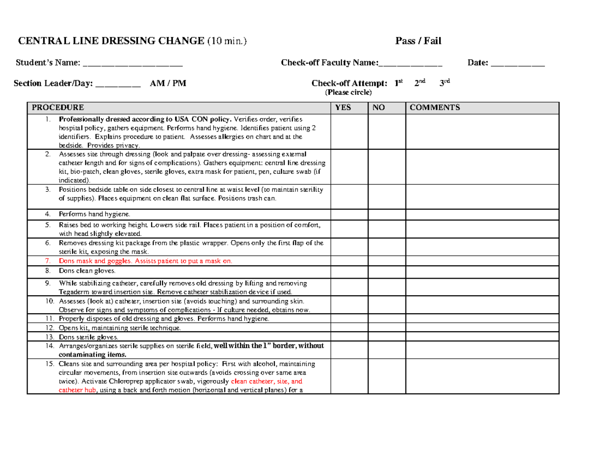 CVL Checklist (Checkoff) - CENTRAL LINE DRESSING CHANGE (10 min.) Pass ...