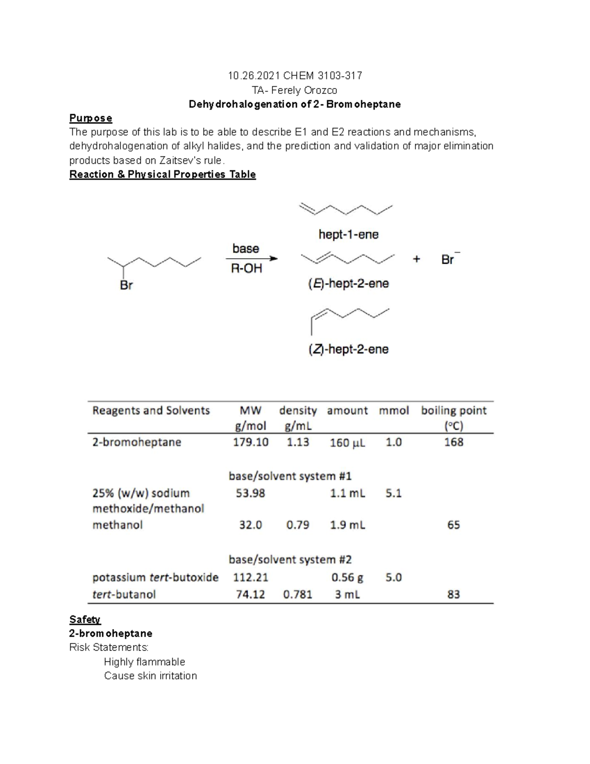 Lab #9 - Ochem Lab 9 - 10.26 CHEM 3103- TA- Ferely Orozco ...