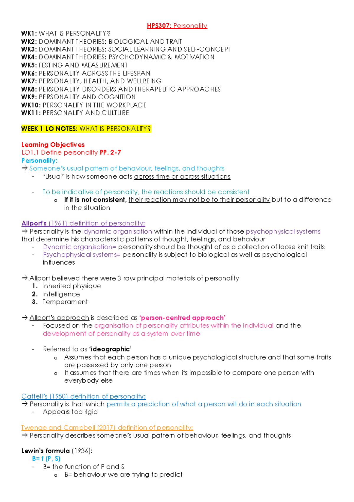 HPS307 Notes - HPS307: Personality WK1: WHAT IS PERSONALITY? WK2 ...