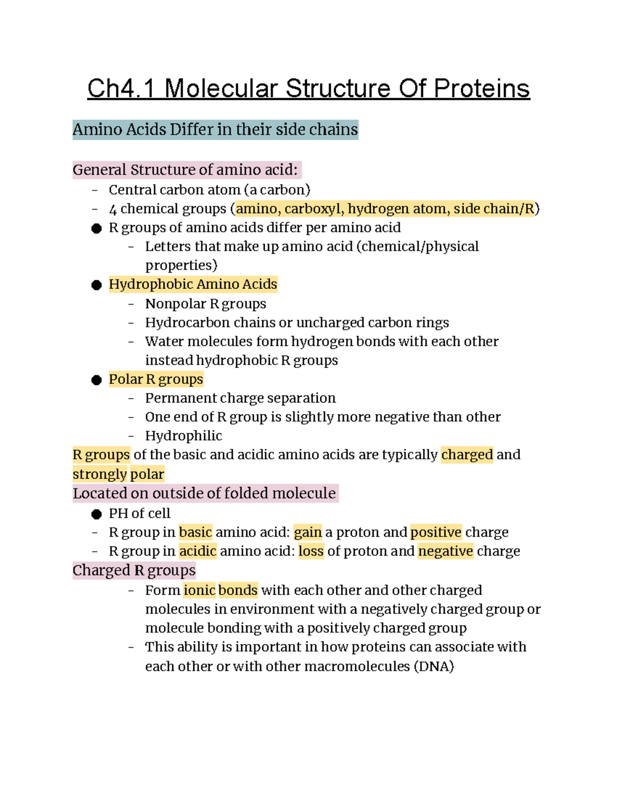 Bio140 Ch4.1 Textbook notes - Ch4 Molecular Structure Of Proteins Amino ...