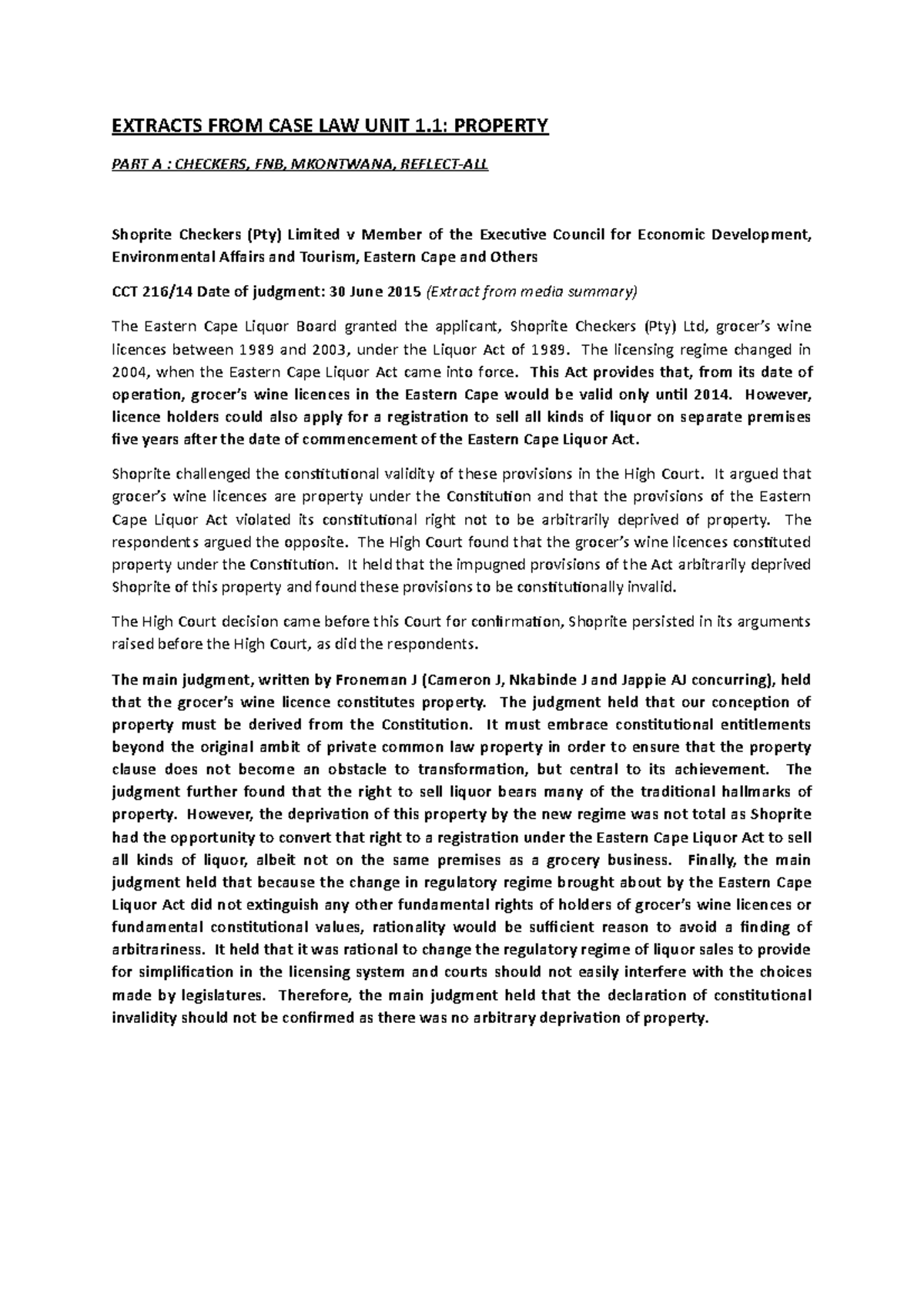 Property CASE LAW Bundle ( Extracts)Case law for Property EXTRACTS