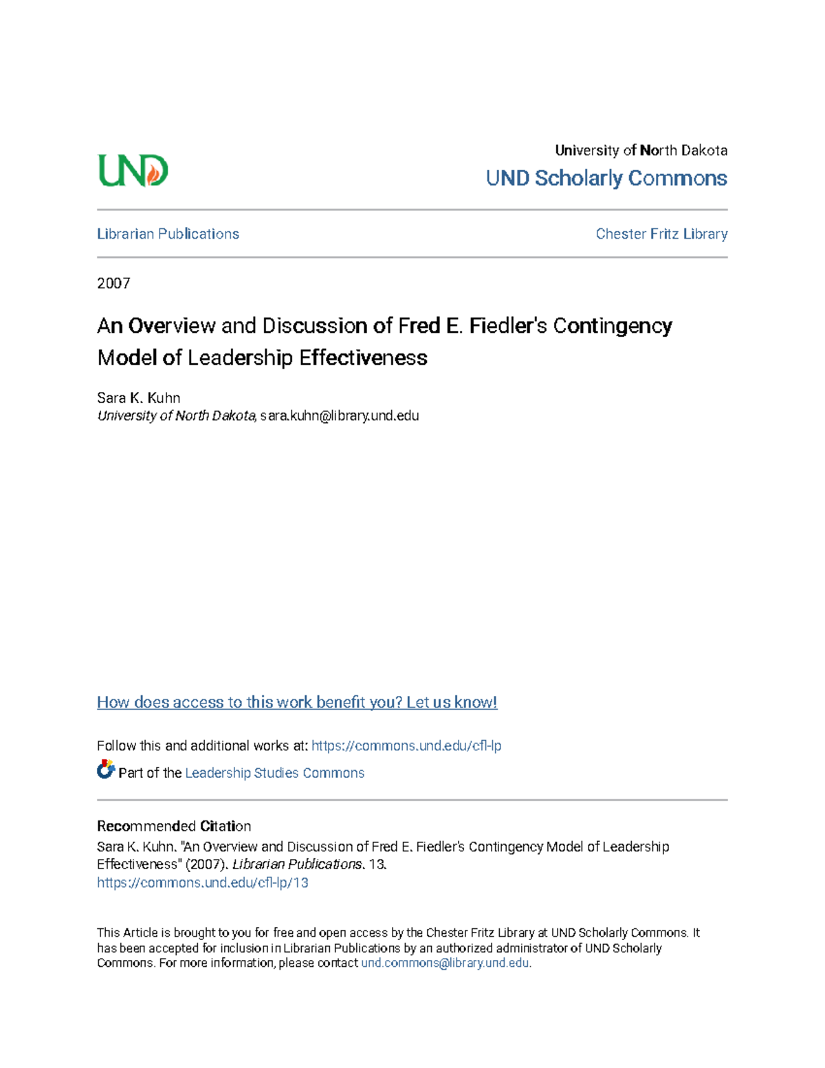 An Overview and Discussion of Fred E. Fiedlers Contingency Model ...