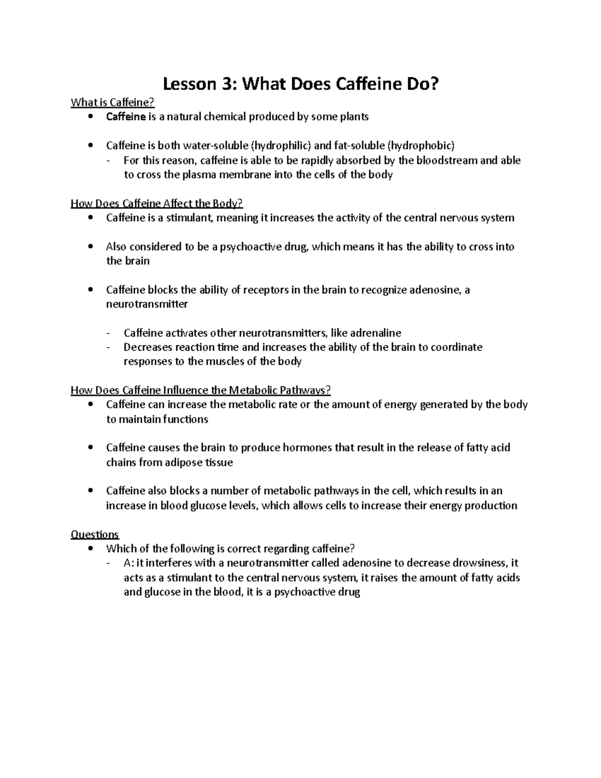 Lesson 3 What Does Caffeine Do Studocu