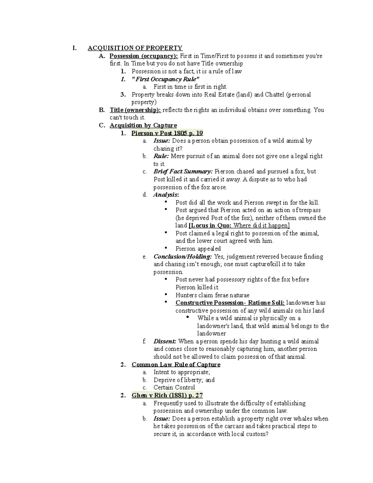 Propert Outline Finnegan - I. ACQUISITION OF PROPERTY A. Possession ...