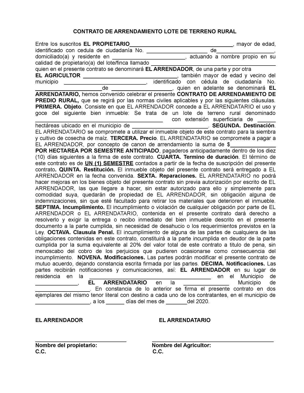 Formato 5 Modelo Contrato Arriendo Terreno Rural Contrato De Arrendamiento Lote De Terreno 8671