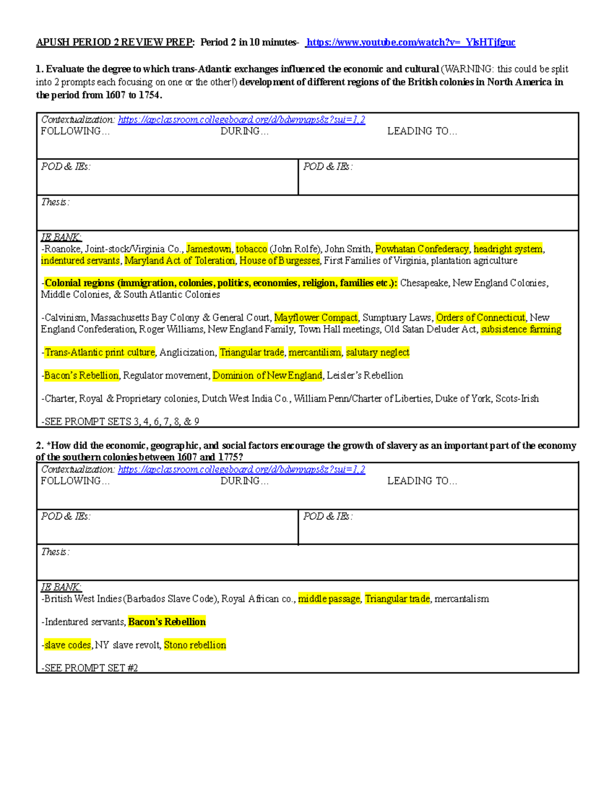 Apush Period 2 Review 2024 APUSH PERIOD 2 REVIEW PREP Period 2 in 10