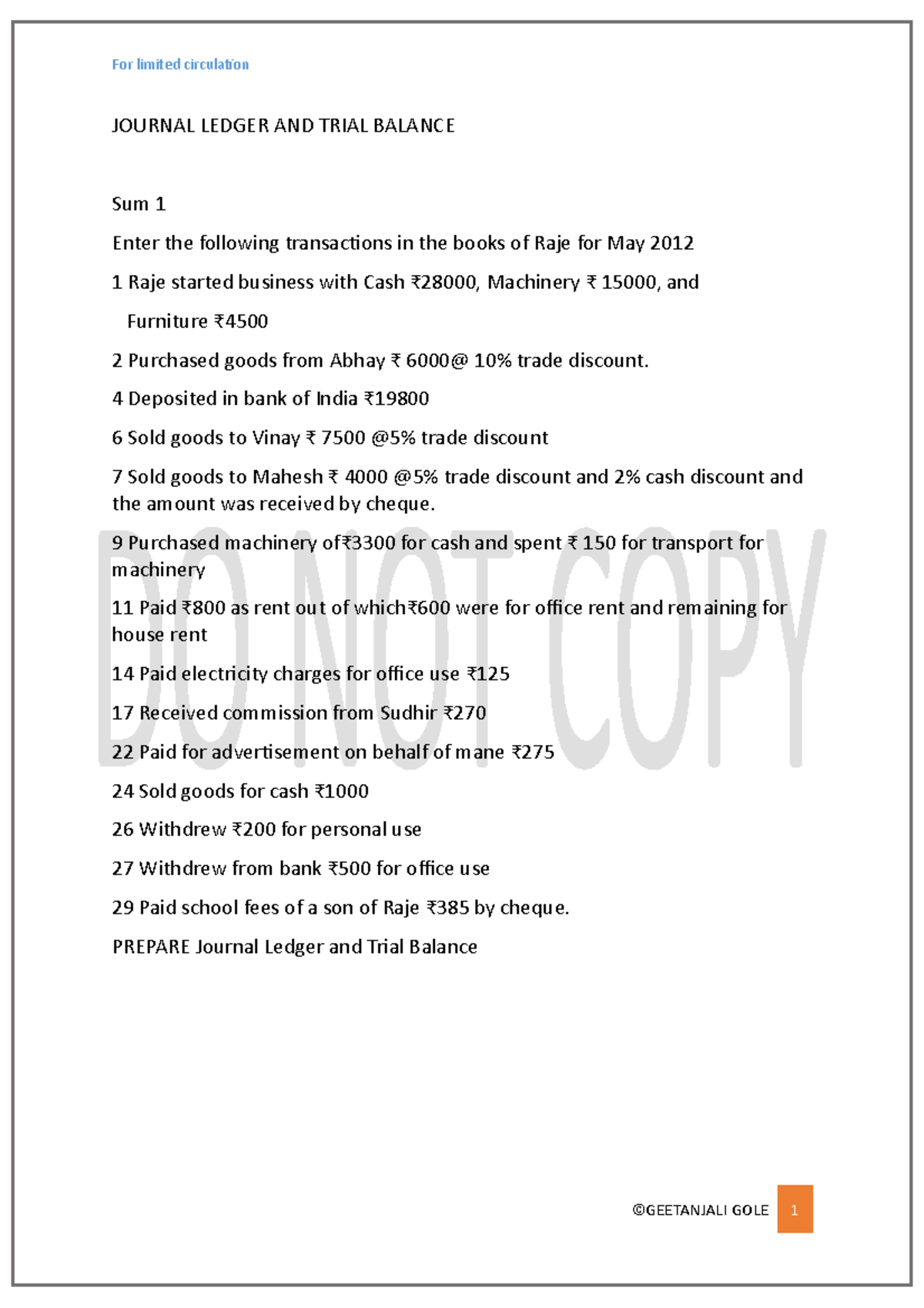 Chapter 2 - JOURNAL LEDGER AND TRIAL BALANCE Sum 1 Enter the following ...