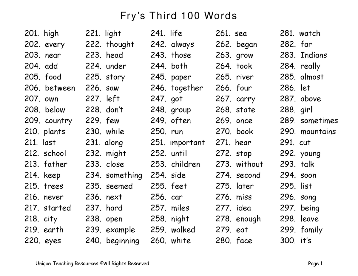 Fry's Thrid 100 Words - BEED - Fr y ’s T h i r d 1 0 0 Wo r d s 201 ...