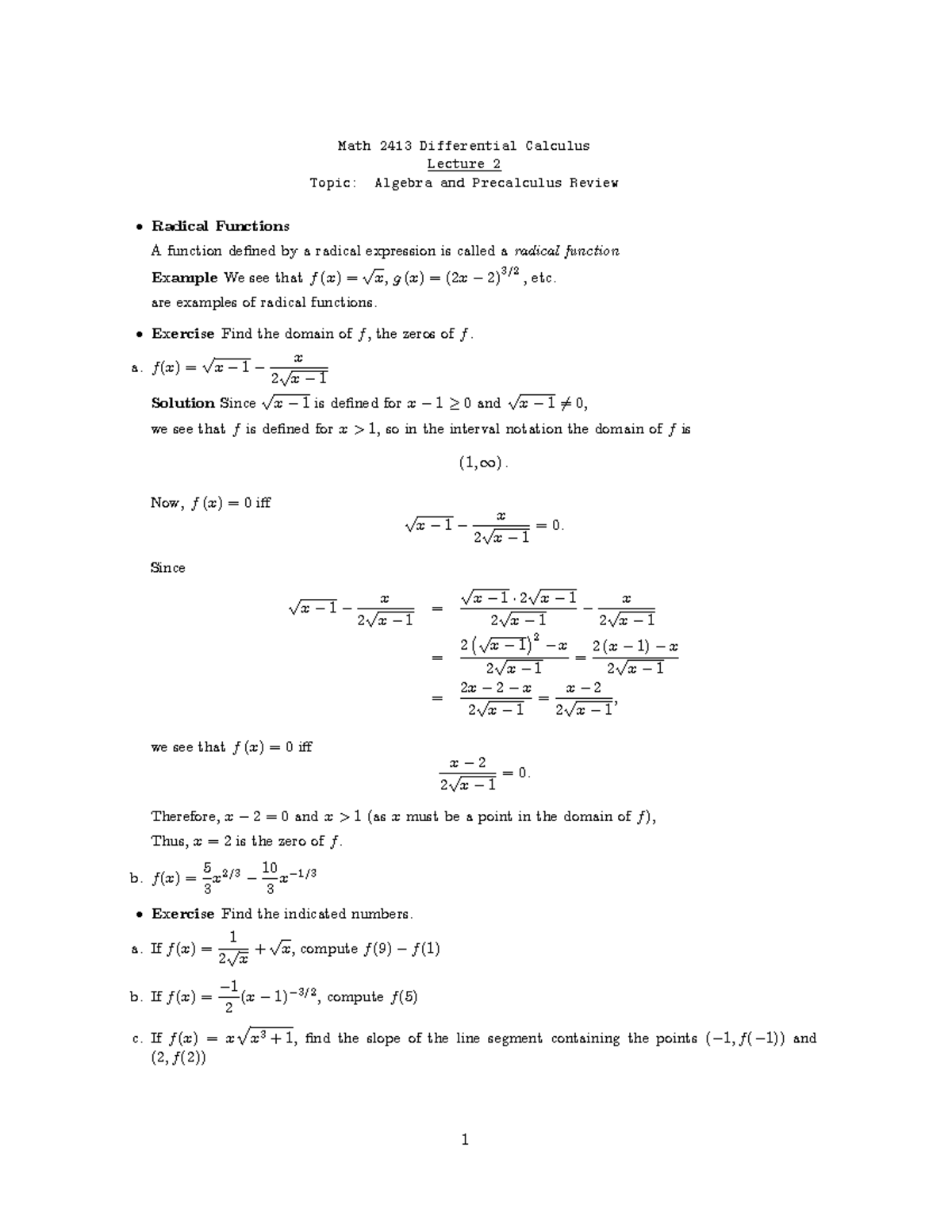 Lecture 2 Notes N 8q89lt R - Math 2413 Differential Calculus Lecture 2 ...