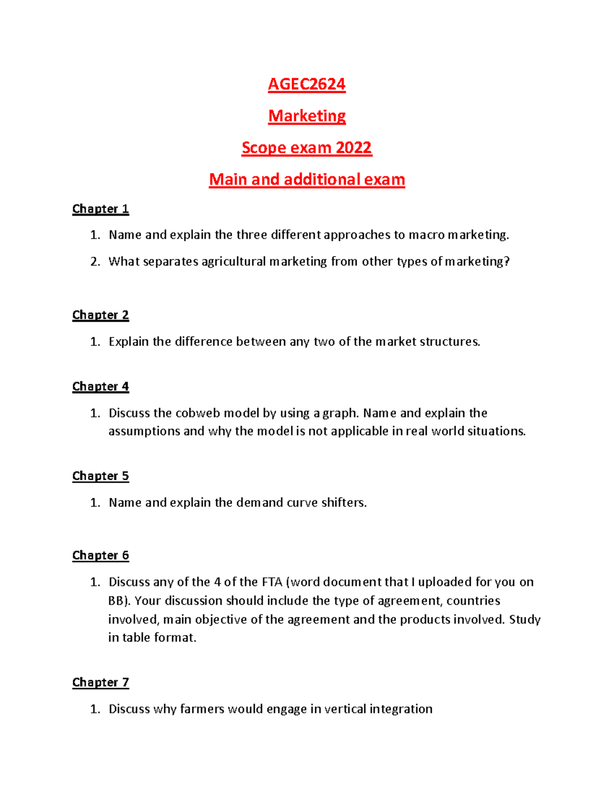 Exam scope 2022 AGEC Marketing Scope exam 2022 Main and additional exam Chapter 1 Name and