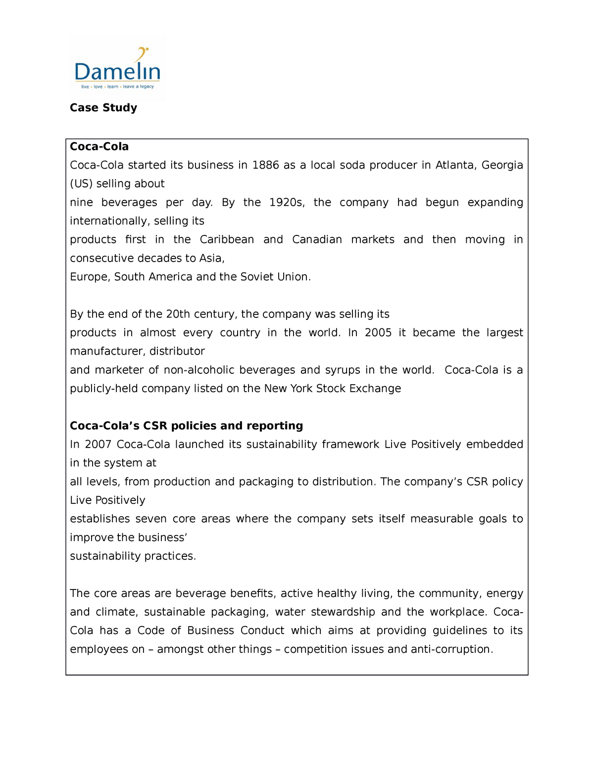 coca cola business ethics case study