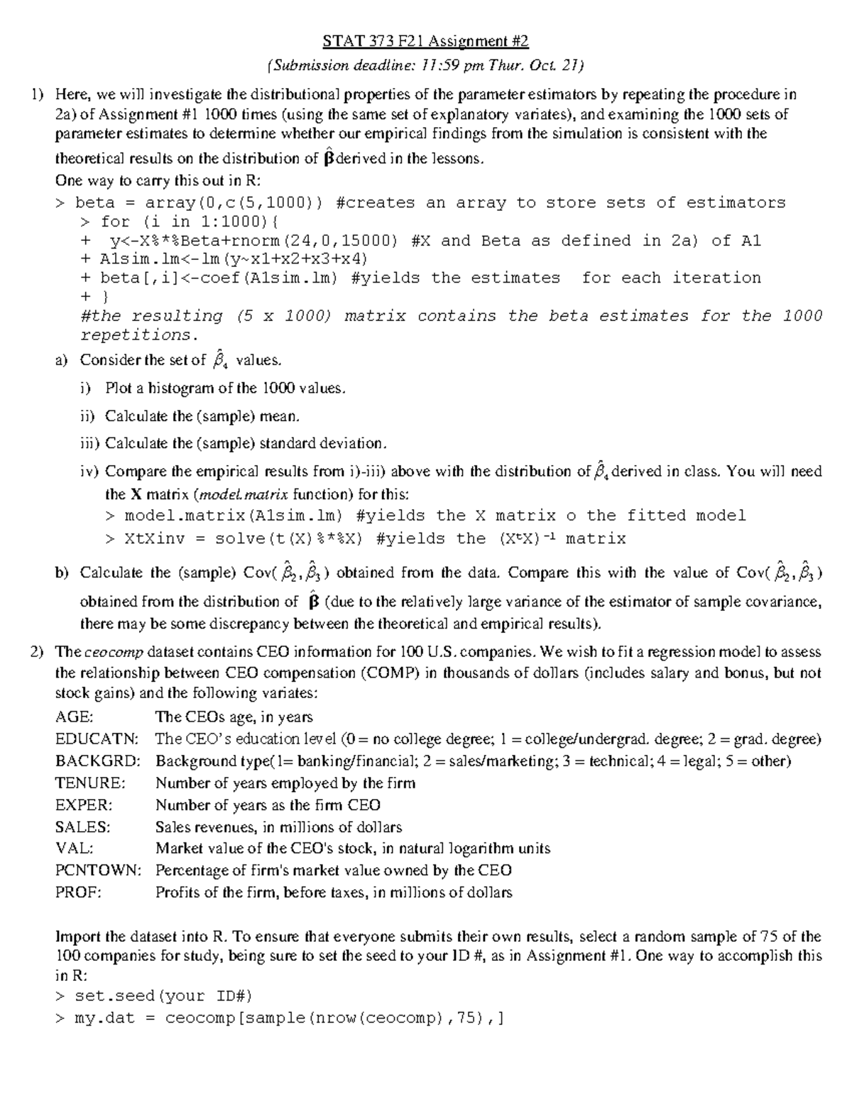 Mandatory Assignment 2 for Stat 373 Fall 2021 STAT 373 F21 Assignment