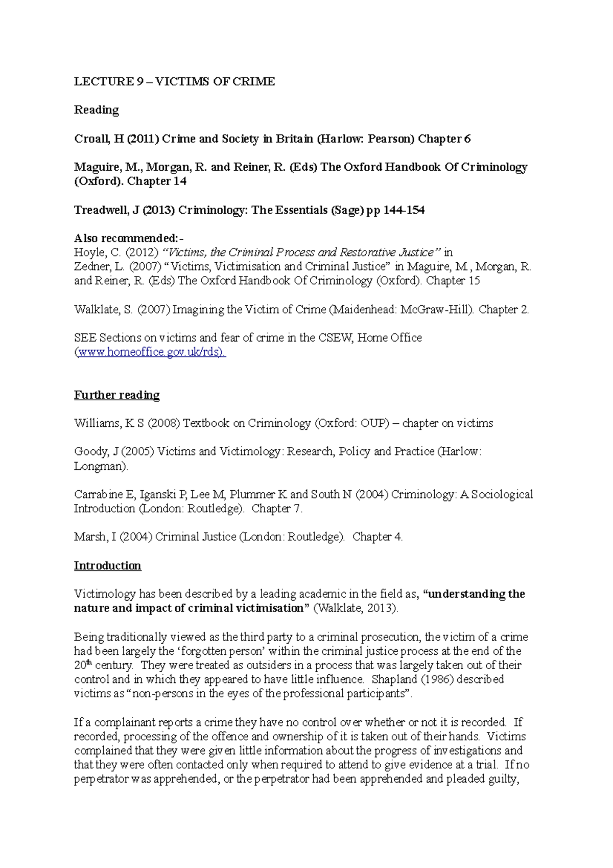 Victimology Lecture Handout - LECTURE 9 – VICTIMS OF CRIME Reading ...