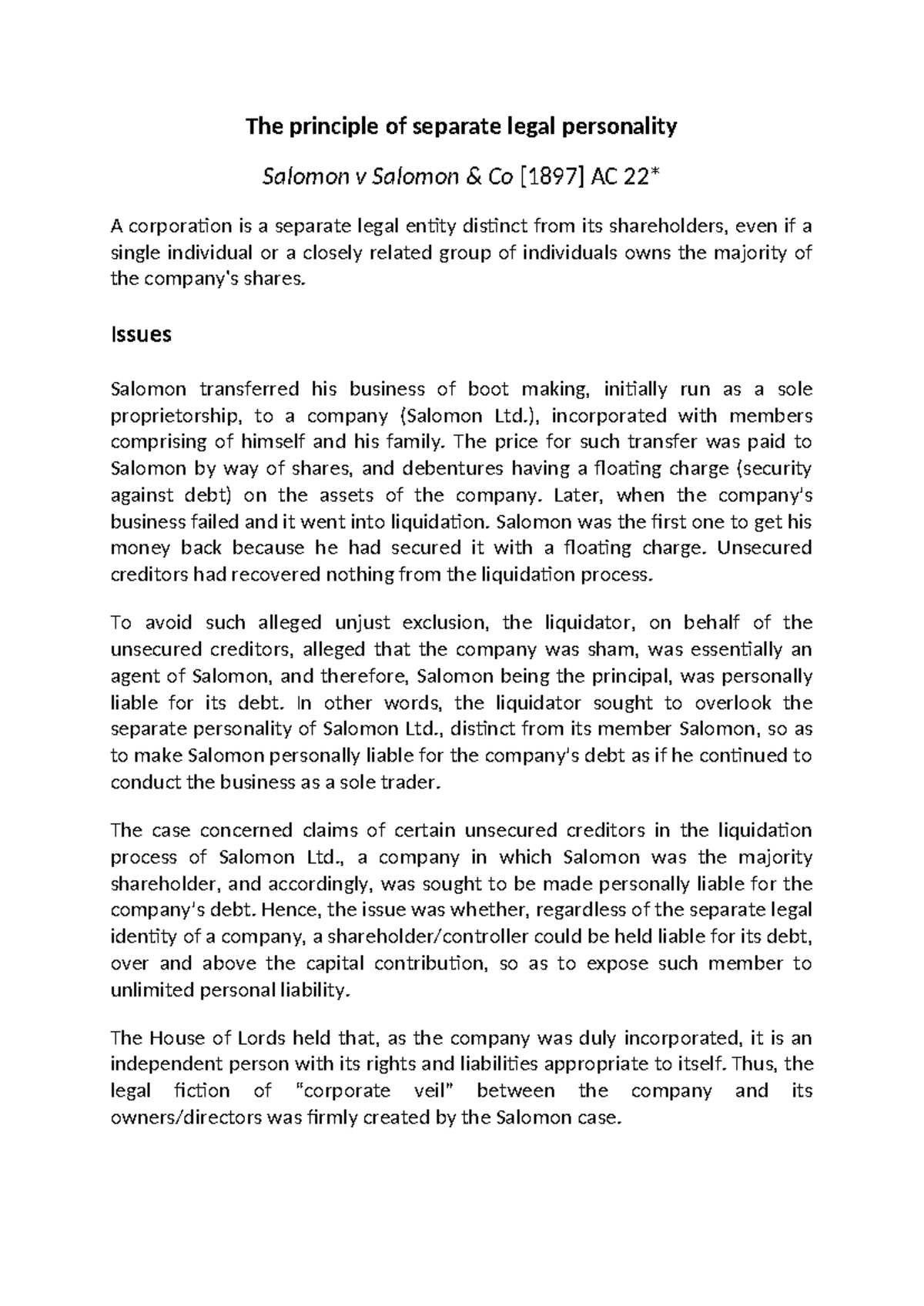 Salomon v salomon Summary Law and Governance The principle of separate legal personality