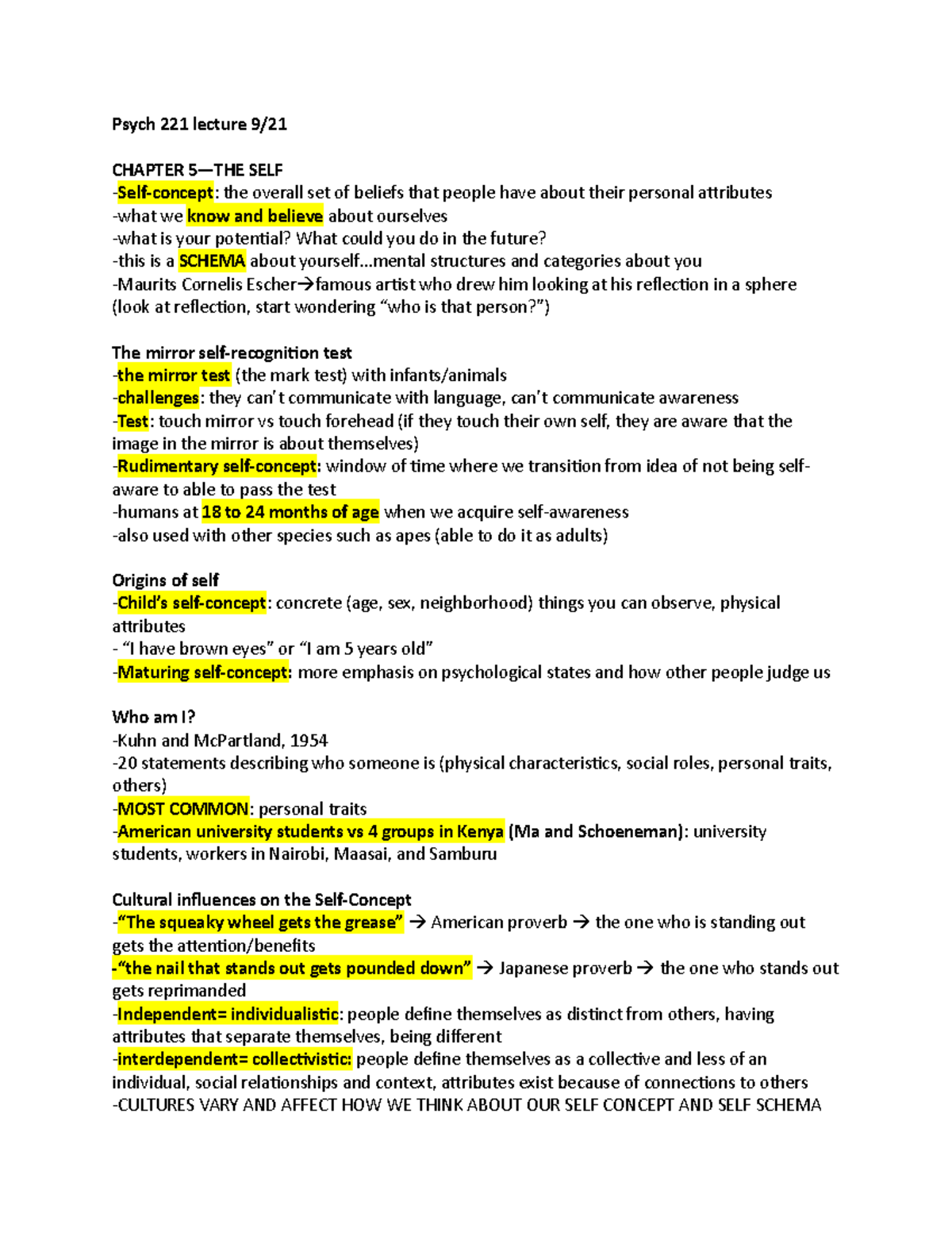 Psych 221 Lecture 9:21 - Psych 221 Lecture 9/ CHAPTER 5—THE SELF Self ...