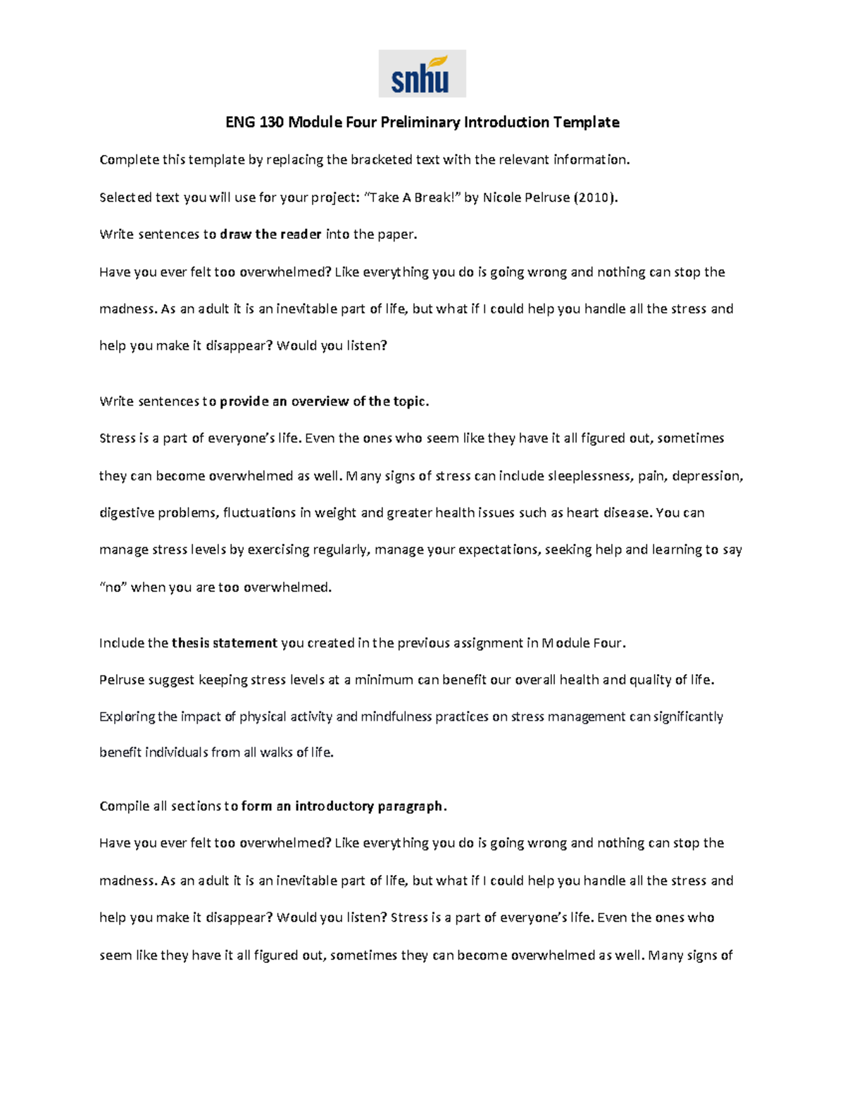 ENG 130 Module Four Preliminary Introduction - Selected text you will ...