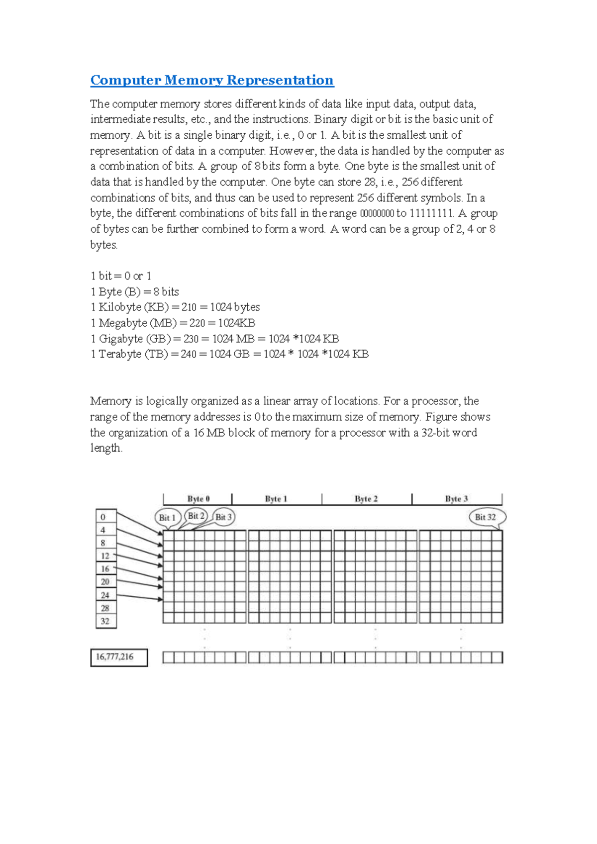 Computer Memory and storage Computer Memory Representation The
