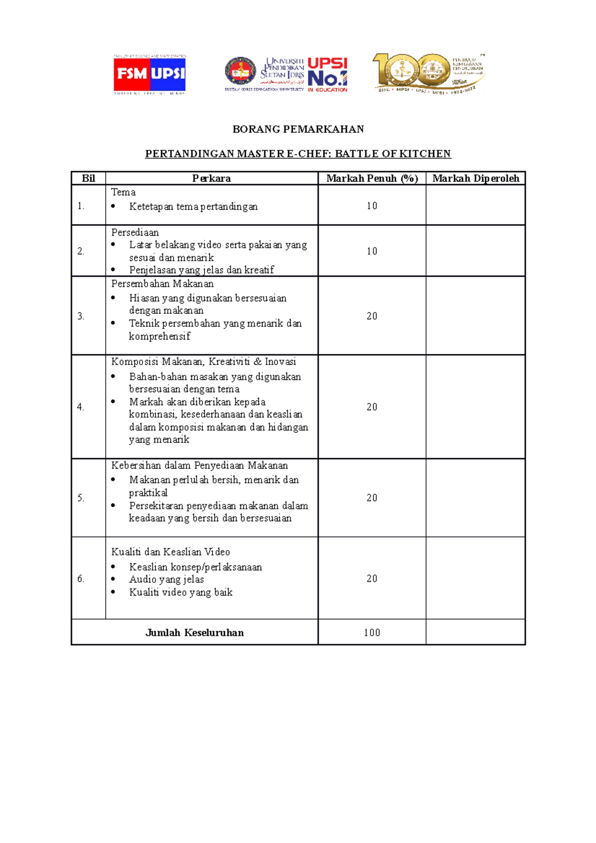 Borang Pemarkahan Pertandingan Master E Chef Fsm Borang Pemarkahan Pertandingan Master E Chef 
