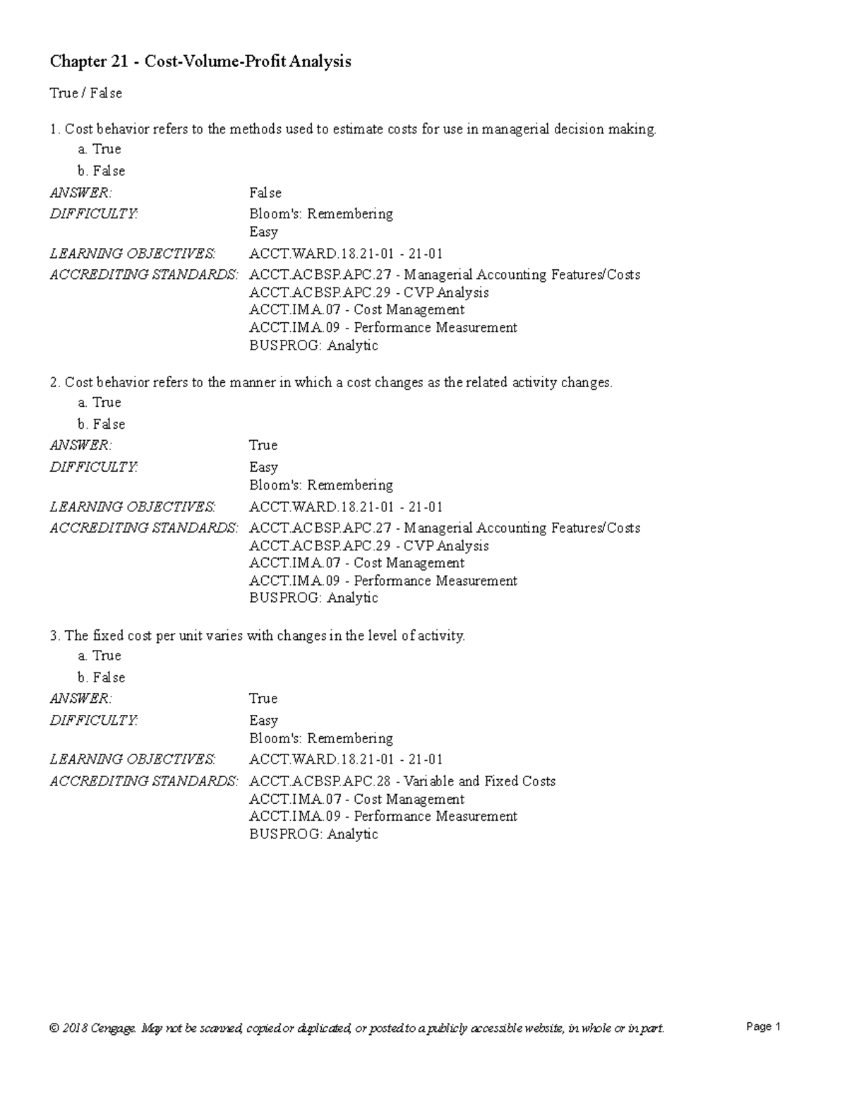 Chapter 21 Cost Volume Profit Analysis - True / False Cost behavior ...