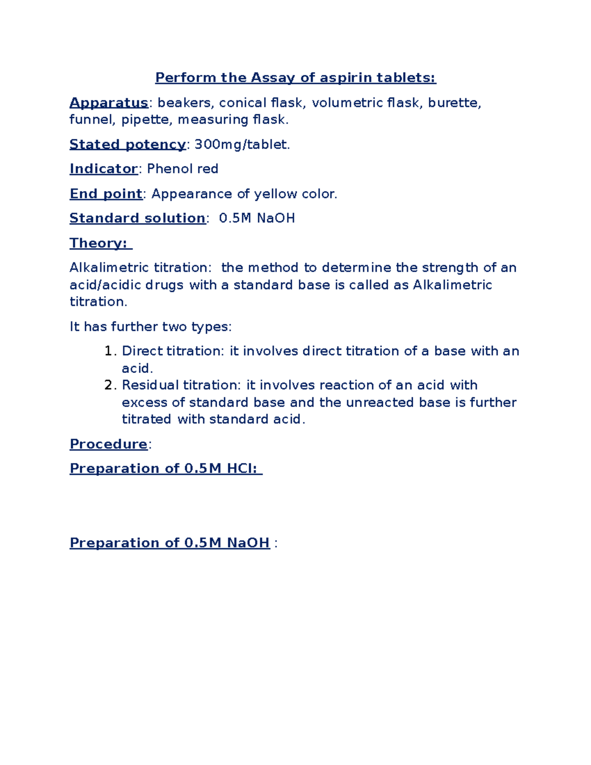 Assayofaspirintablets Perform the Assay of aspirin tablets Apparatus
