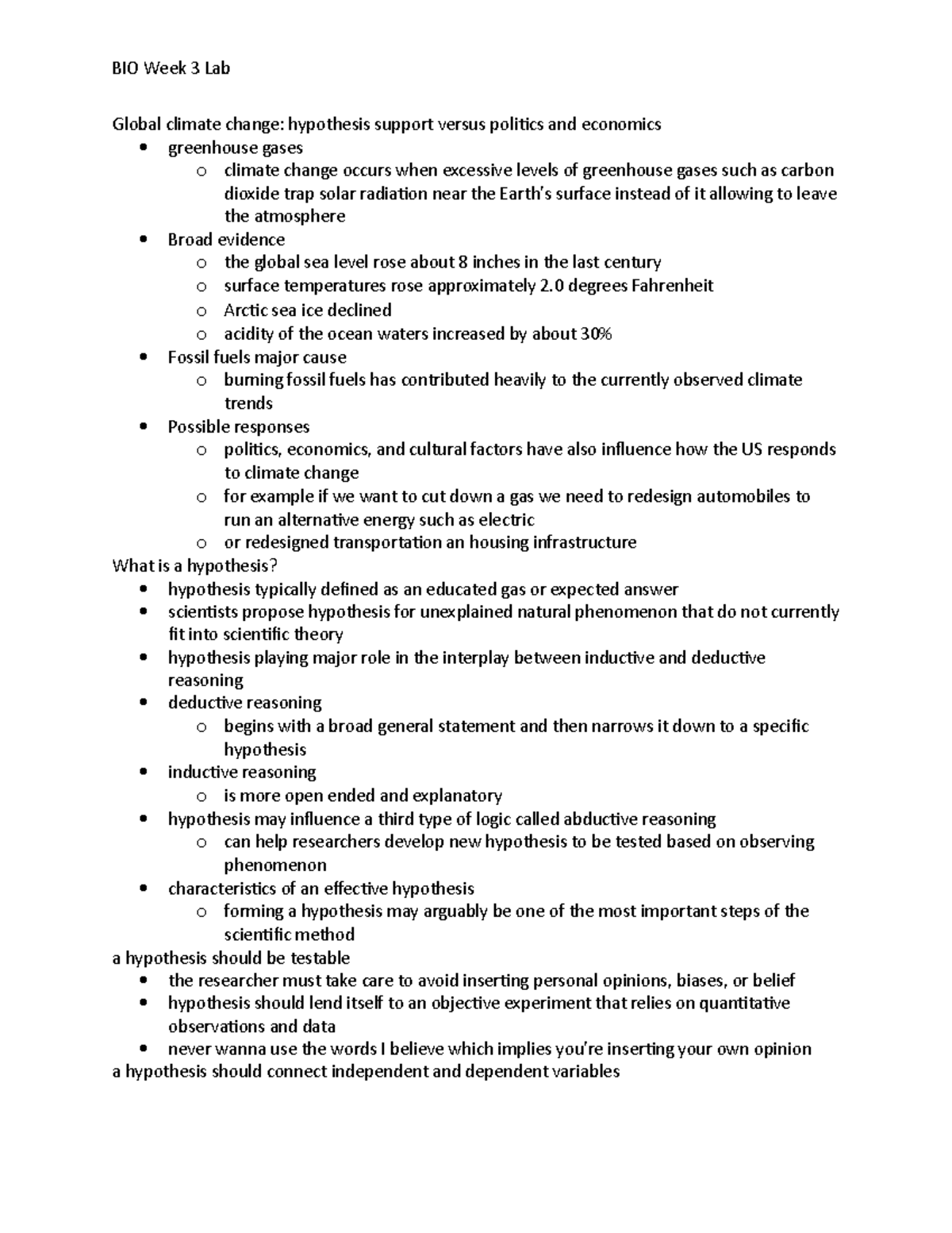 Bio Week 3 Lab - Notes - Bio Week 3 Lab Global Climate Change 