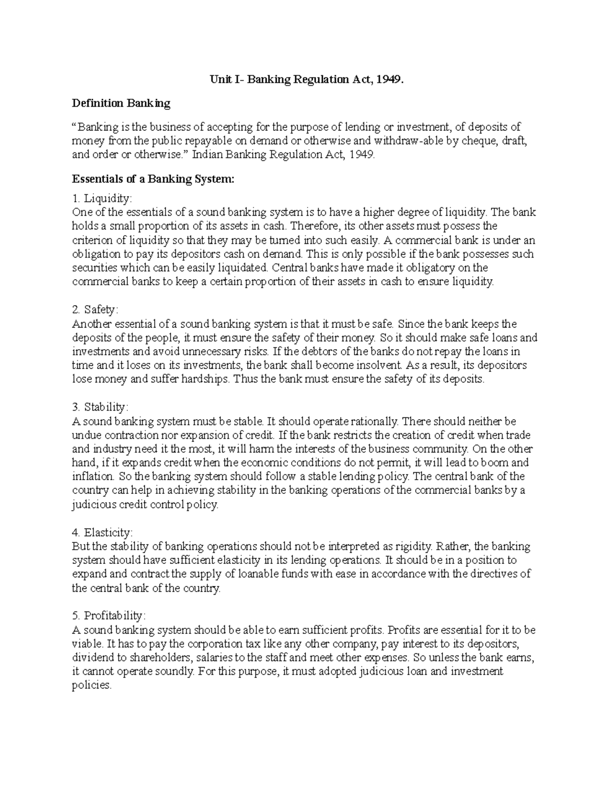 Unit1 It’s lecture notes Unit I Banking Regulation Act, 1949