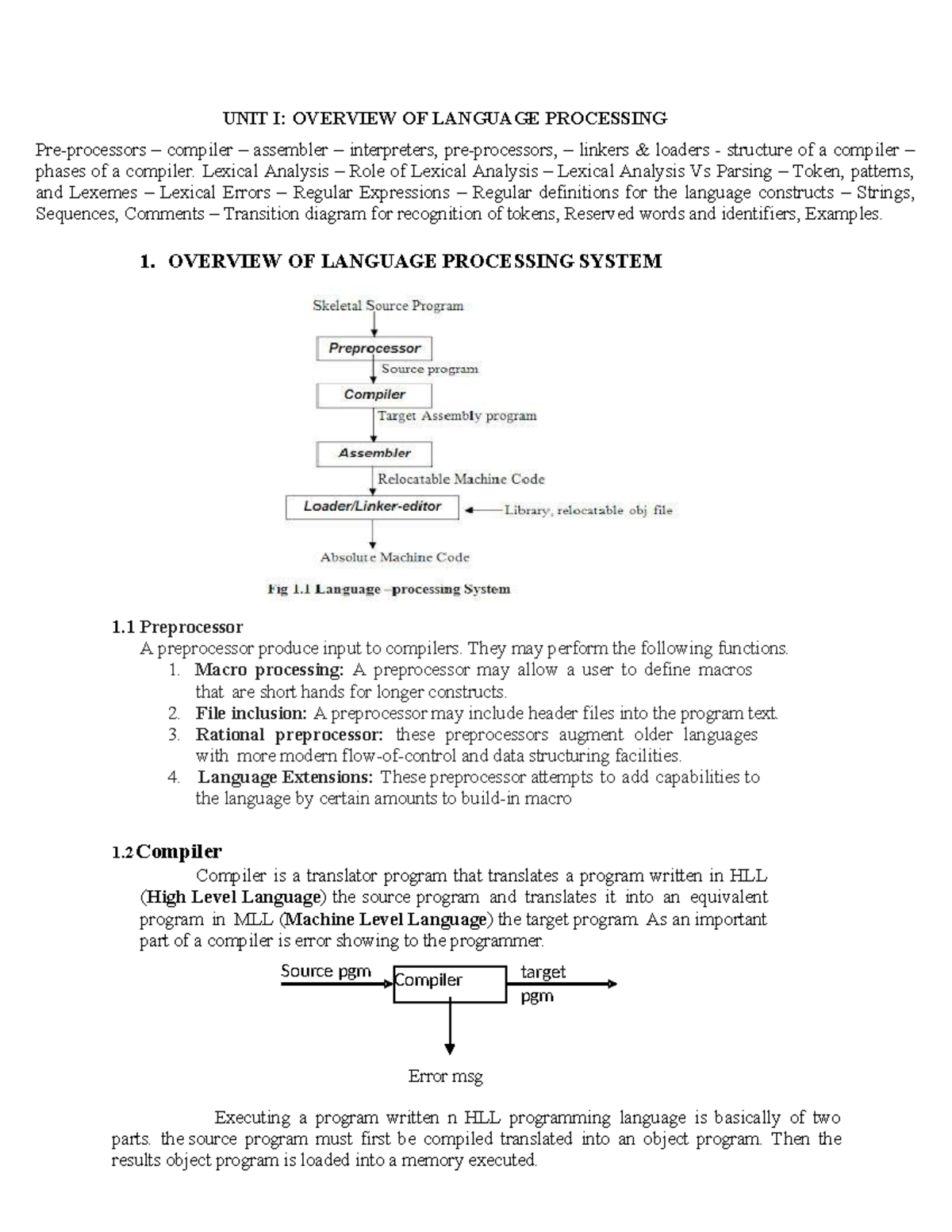 CD UNIT I - UNIT I: OVERVIEW OF LANGUAGE PROCESSING Pre-processors ...