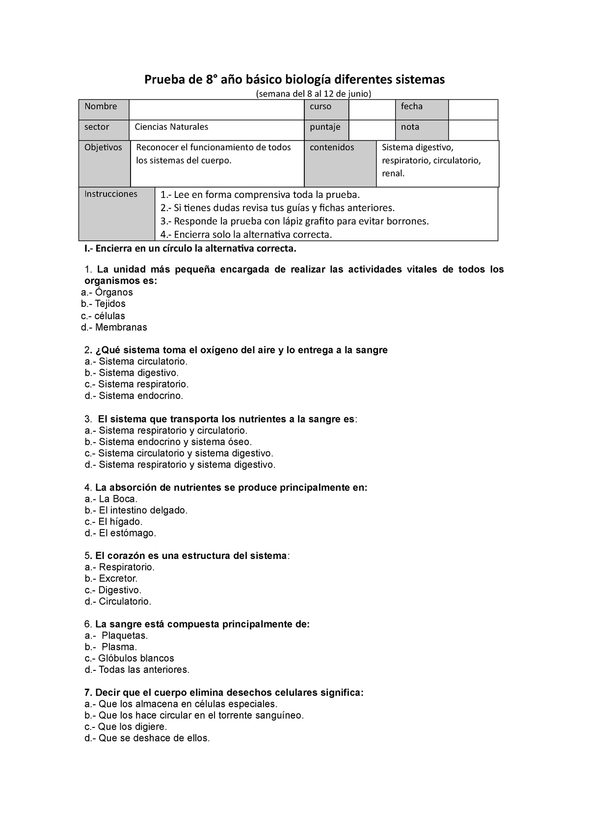 8°basico Cs. Naturales Prueba De 8 De Todos Los Sistemas Del Cuerpo ...