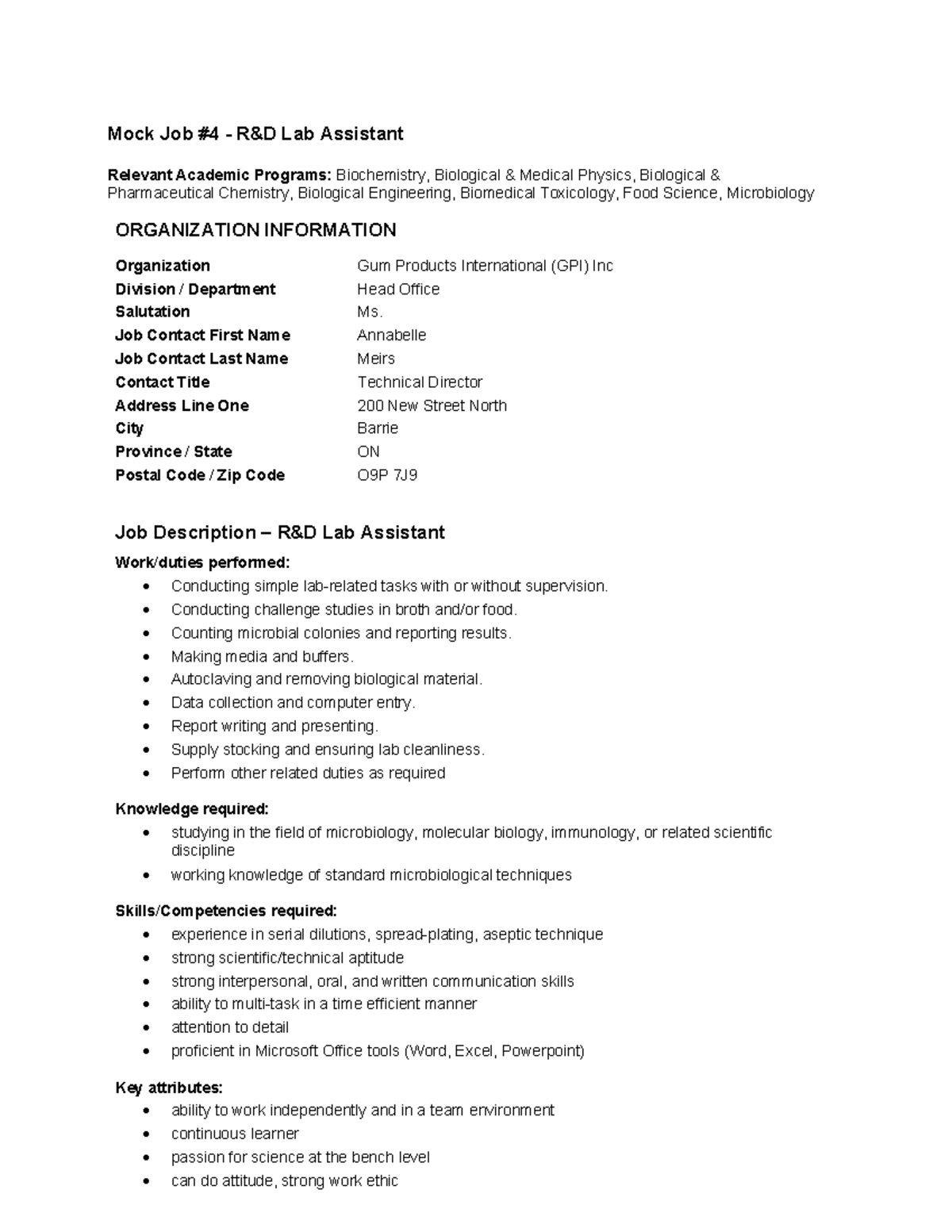 Mock Job 4 R&D Lab Assistant Mock Job 4 R&D Lab Assistant