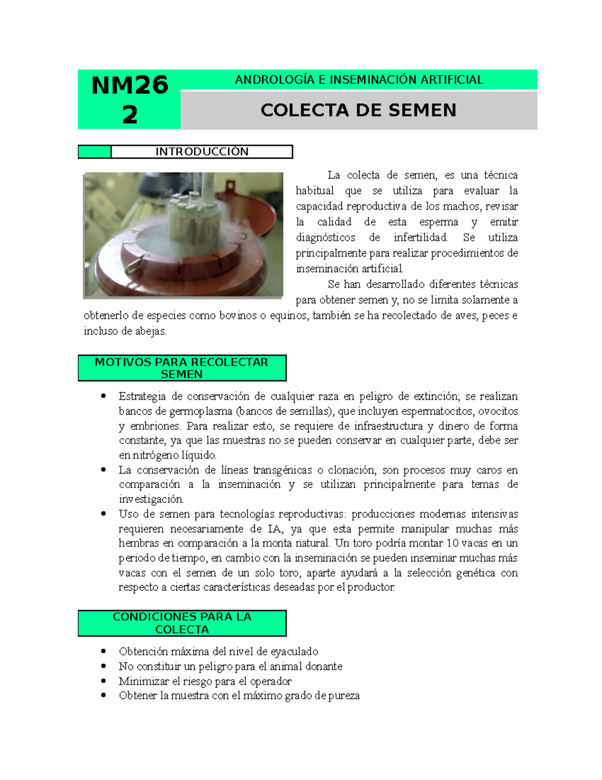 NM262 Colecta DE Semen Andr ologia NM26 ANDROLOGÍA E INSEMINACIÓN ARTIFICIAL 2 COLECTA DE