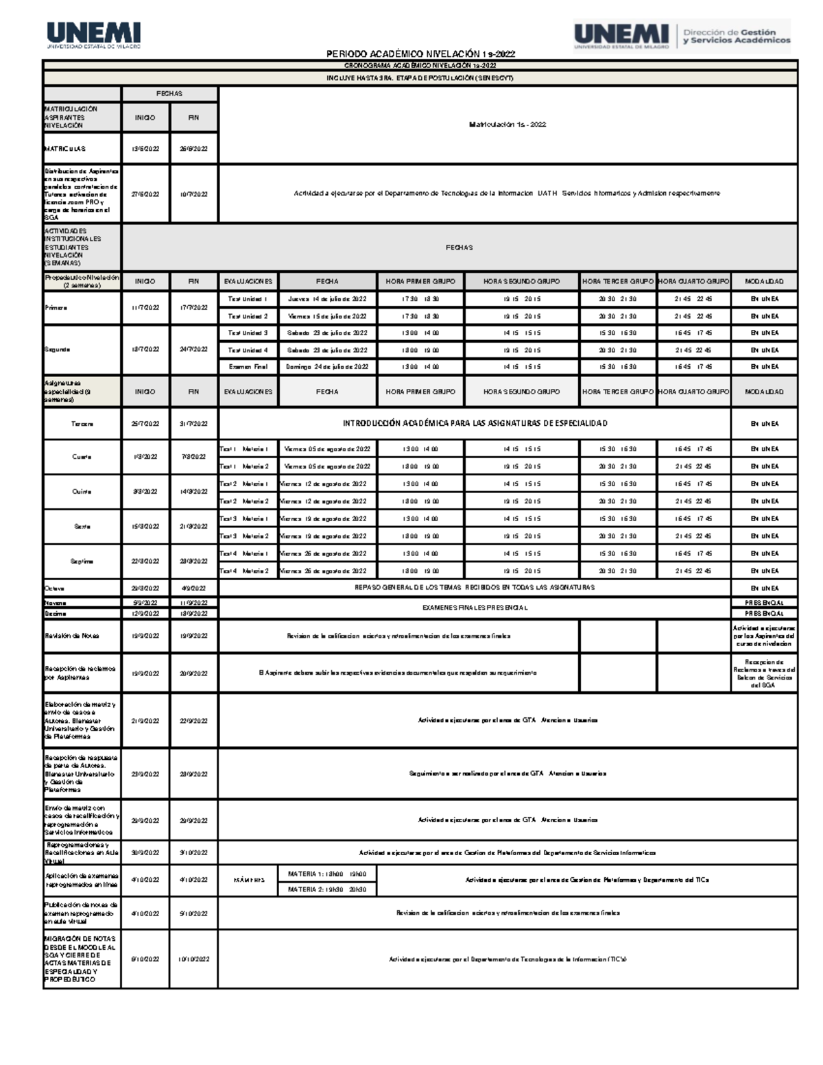 Cronograma Nivelacion 1s-2022 - MATRICULACIÓN ASPIRANTES NIVELACIÓN ...