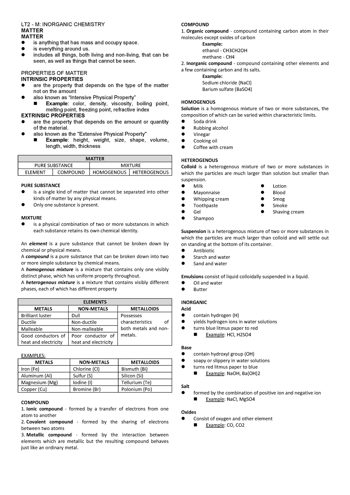 Matter - LT2 - M: INORGANIC CHEMISTRY MATTER MATTER is anything that ...