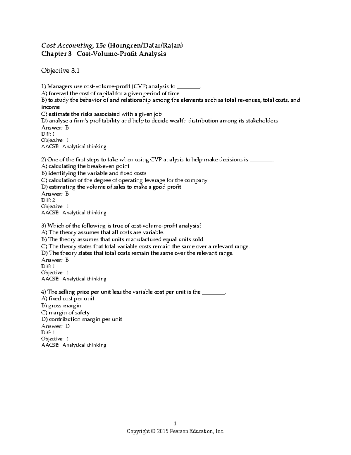 Chapter 3 Exam answers Cost Accounting, 15e (Horngren/Datar/Rajan