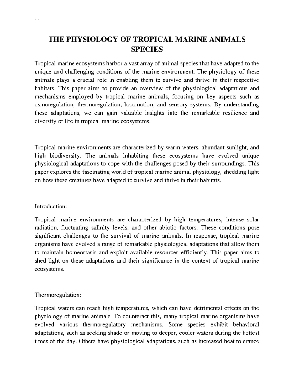 THE Physiology OF Tropical Marine Animals Species - BIOL110 - UCSC ...