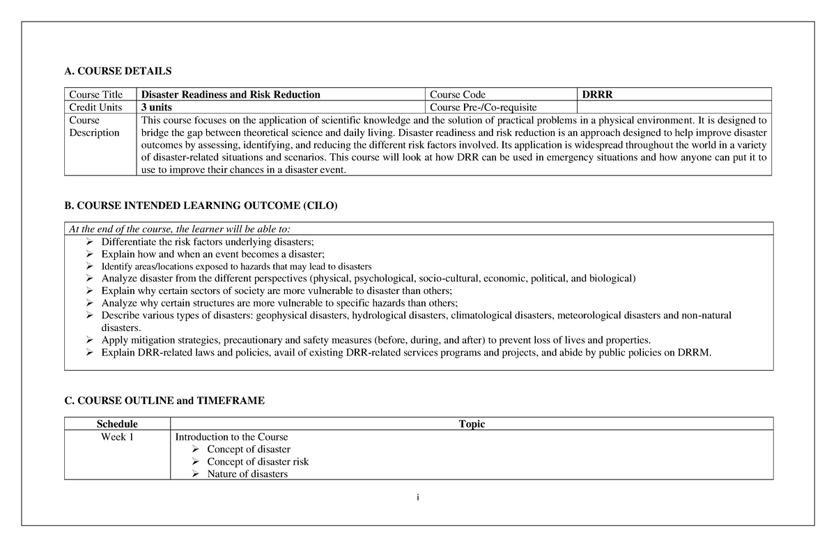 Disaster Risk Reduction and Management - i A. COURSE DETAILS Course ...