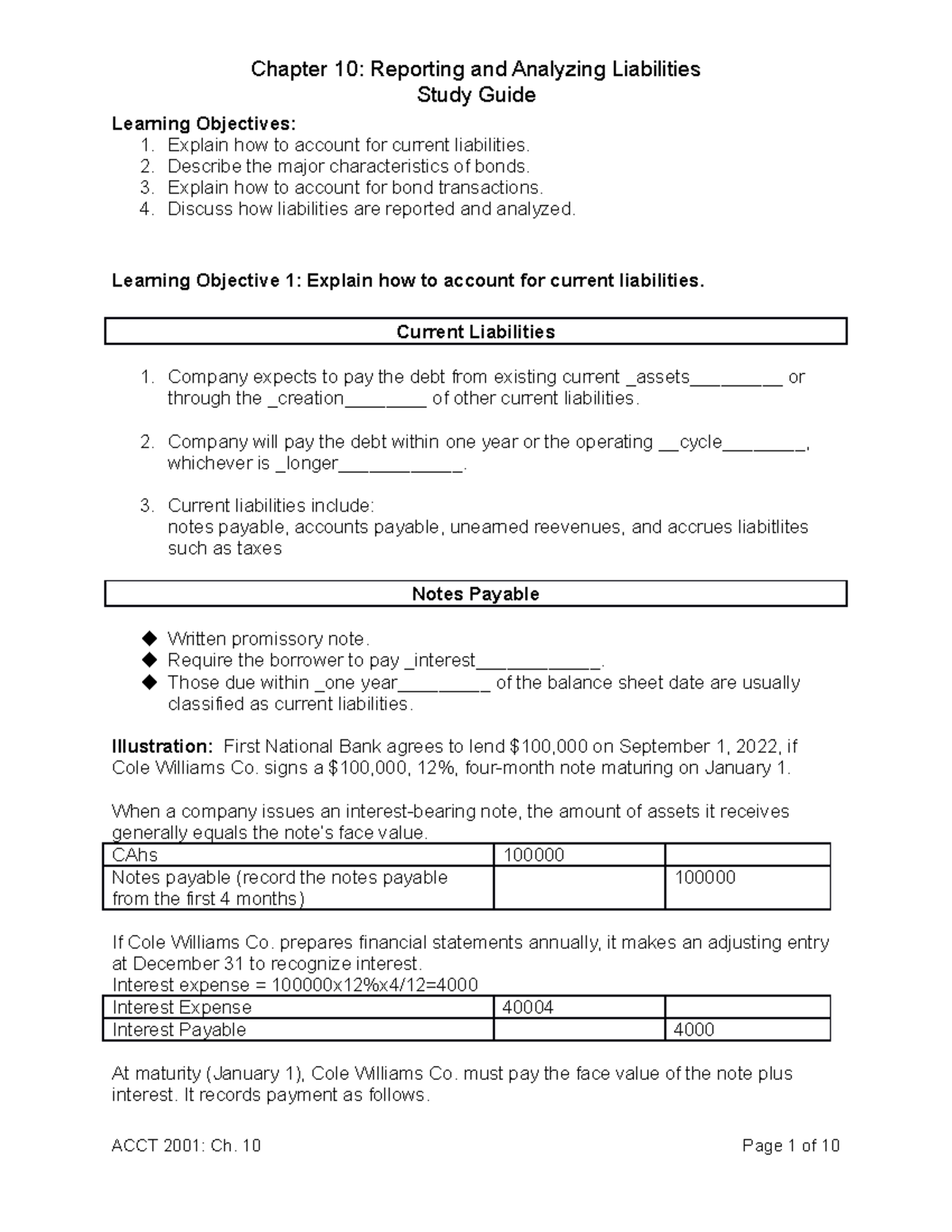 Accounting 2001 Chapter 10 Study Guide Learning Objectives 1