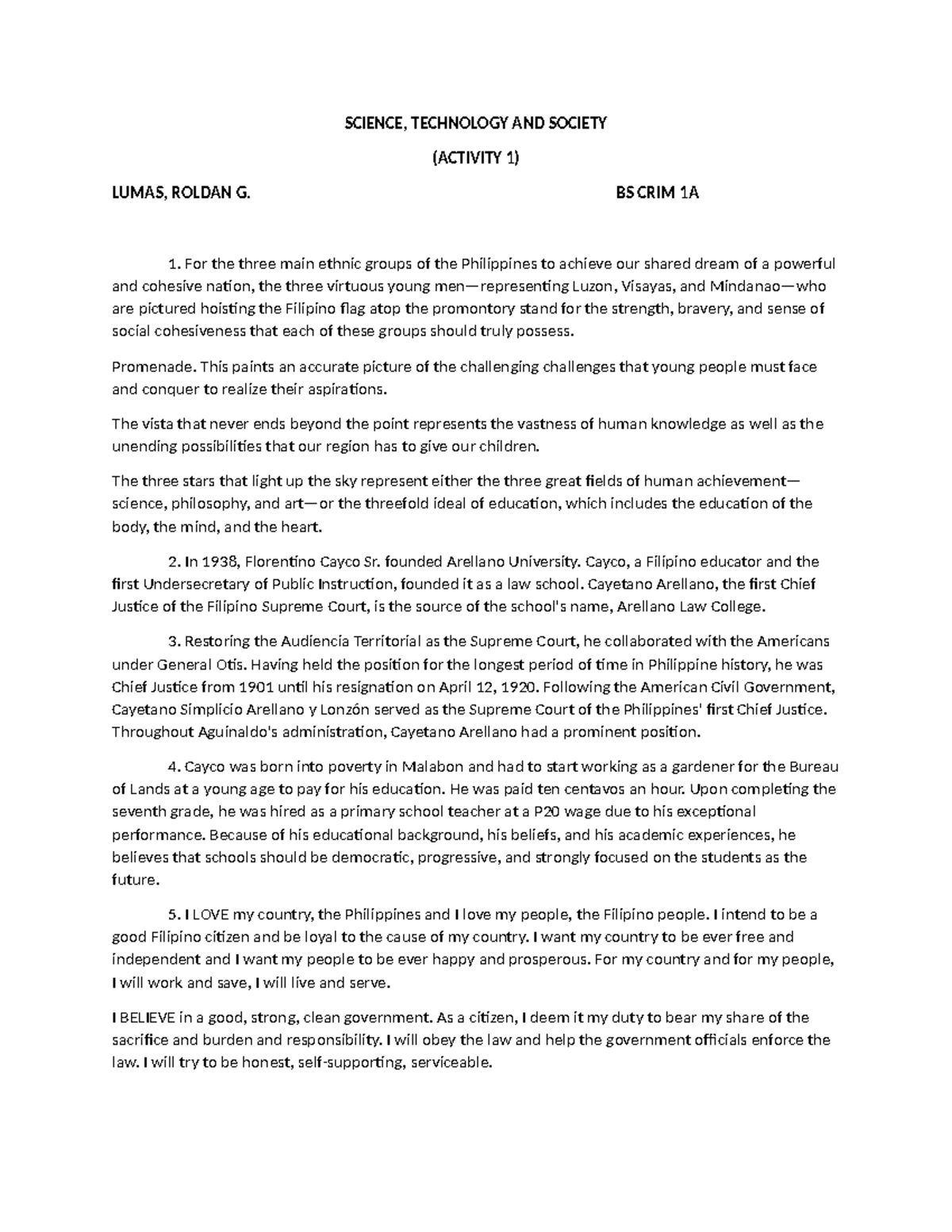 STS Activity 1 - SCIENCE, TECHNOLOGY AND SOCIETY (ACTIVITY 1) LUMAS ...
