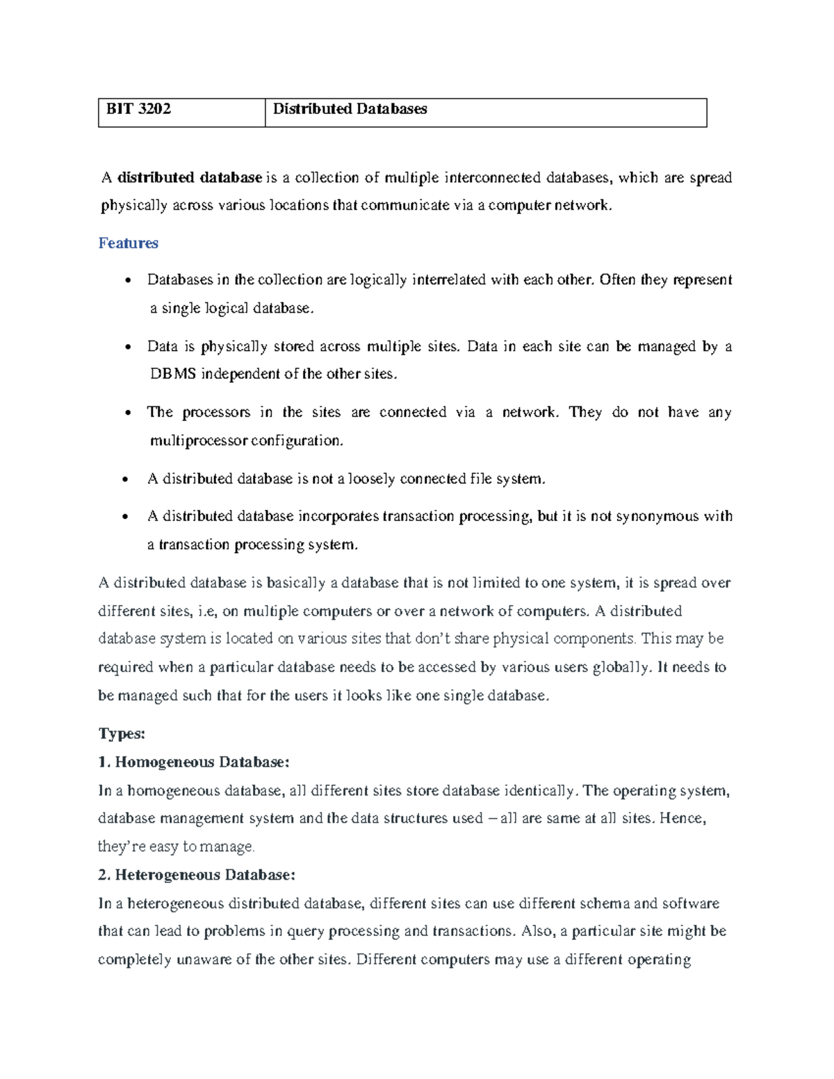 Introduction to distributed databases - BIT 3202 Distributed Databases ...