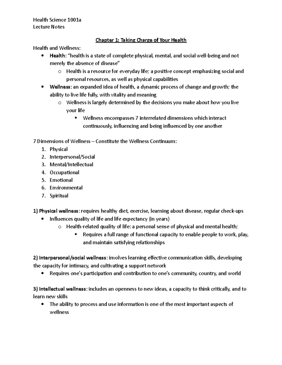 Health Science 1001a Lecture Notes Lecture Notes Chapter 1 Taking