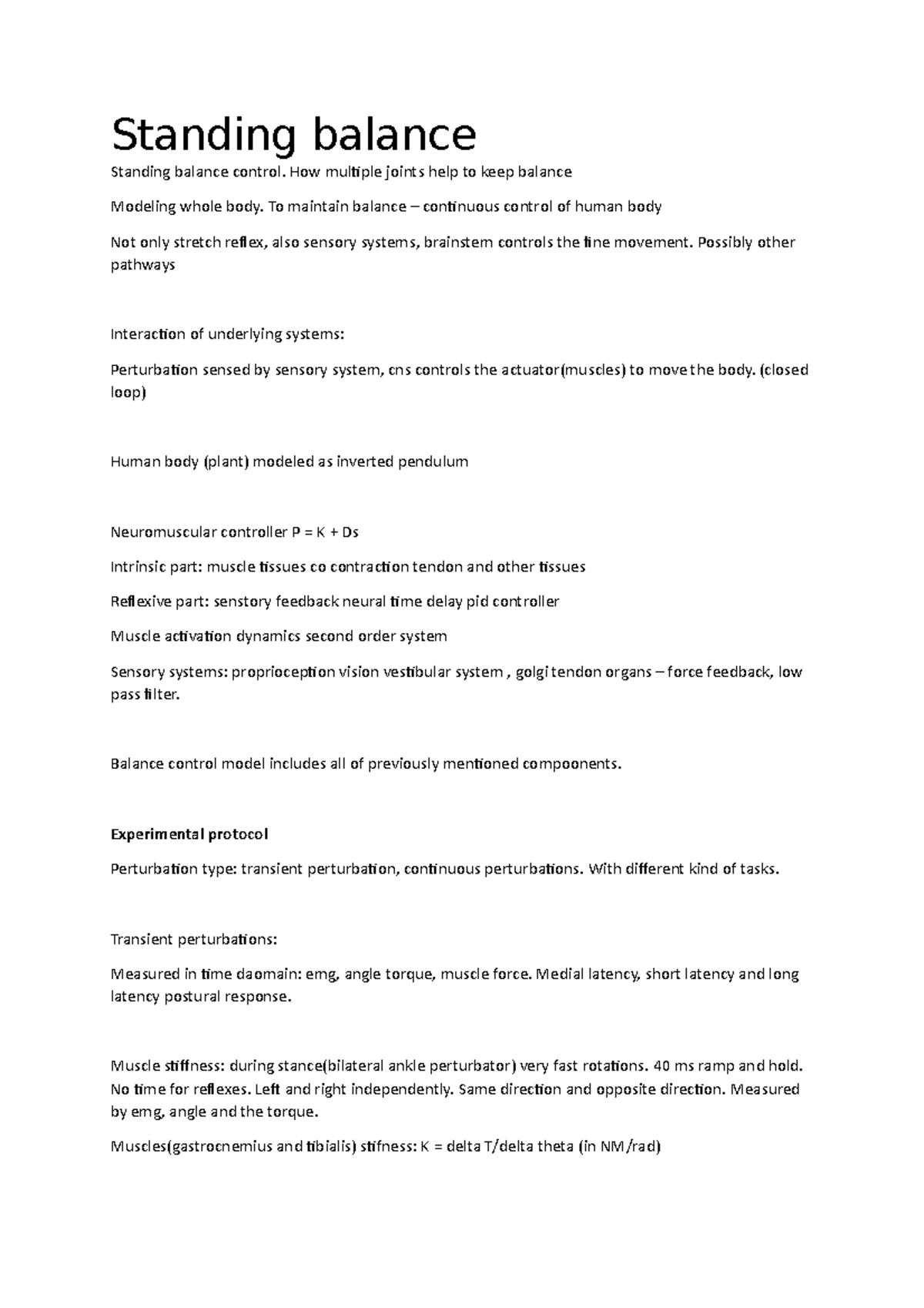 Lecture notes Standing balance control Standing balance Standing