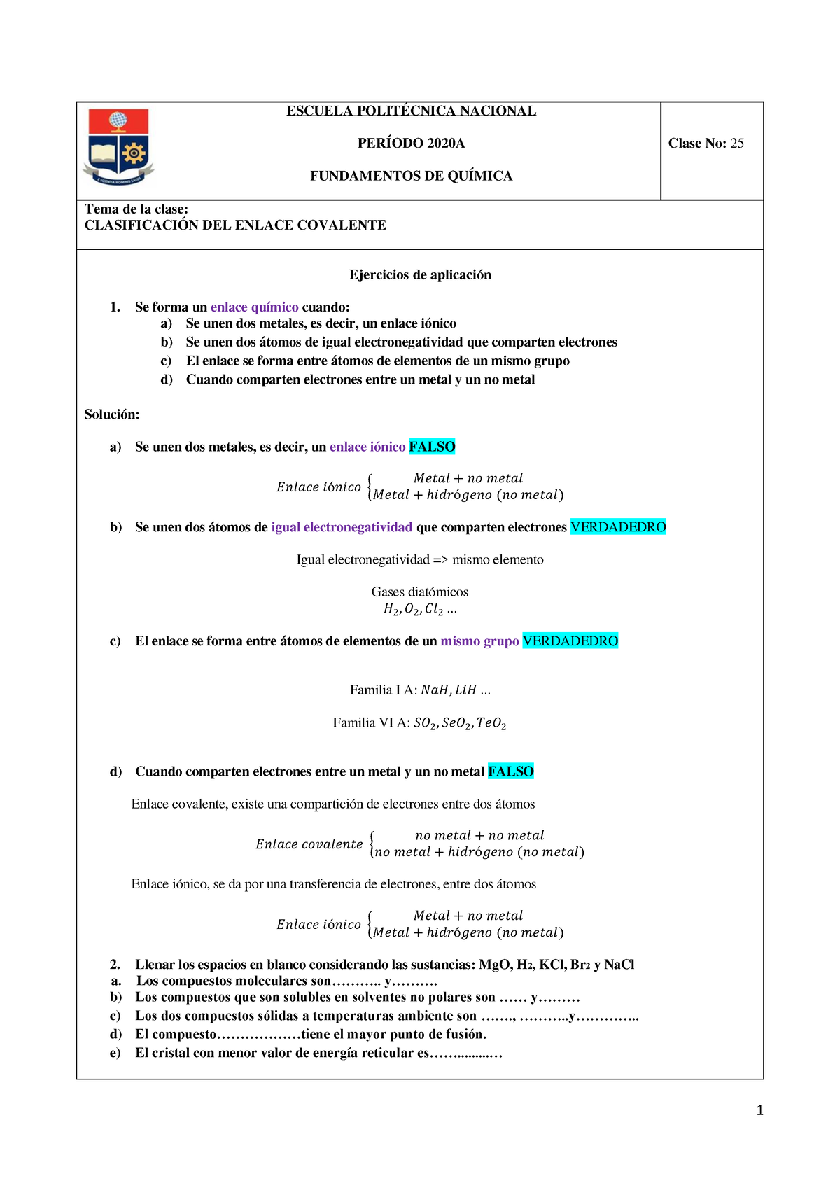 Clase 25 ER - ................. - ESCUELA POLITÉCNICA NACIONAL PERÍODO ...