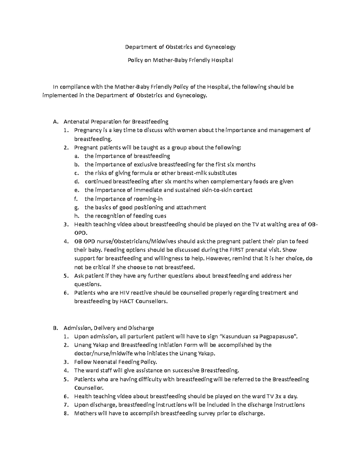 Breastfeeding Protocol - Department of Obstetrics and Gynecology Policy ...